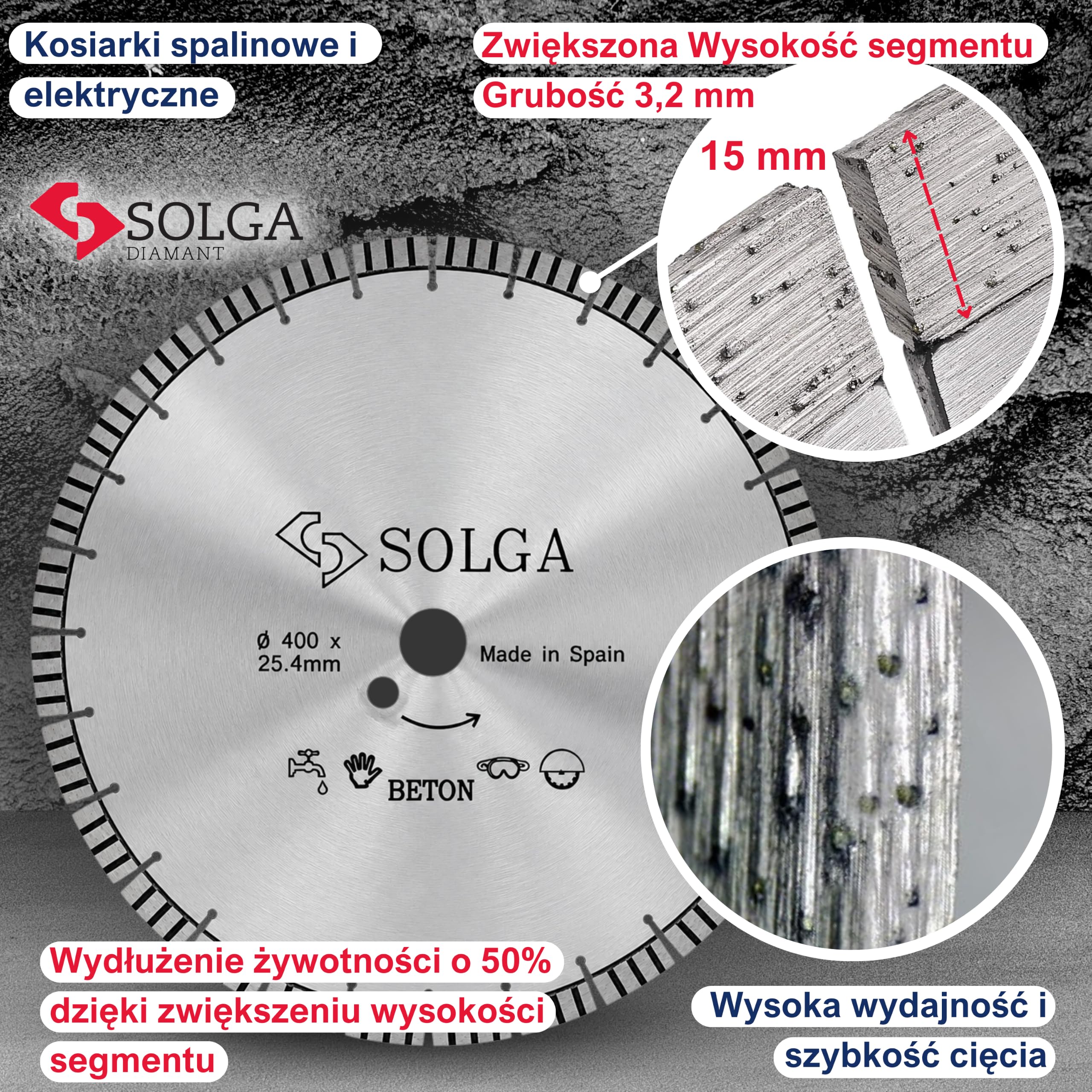 SOLGA Diamentowa tarcza tnąca 400 mm TURBO, tarcza tnąca 400 mm, tarcza diamentowa do asfaltu, betonu, cegły, kamienia, betonu komórkowego, granitu, brzeszczot do piły spalinowej, elektrycznej