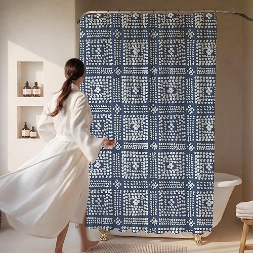 Miniatura 2 de Worthwhile Goods Cortina de ducha moderna con estampado Shibori patrón geométrico bohemio diseño de barro cortina de ducha de tela decorativa para