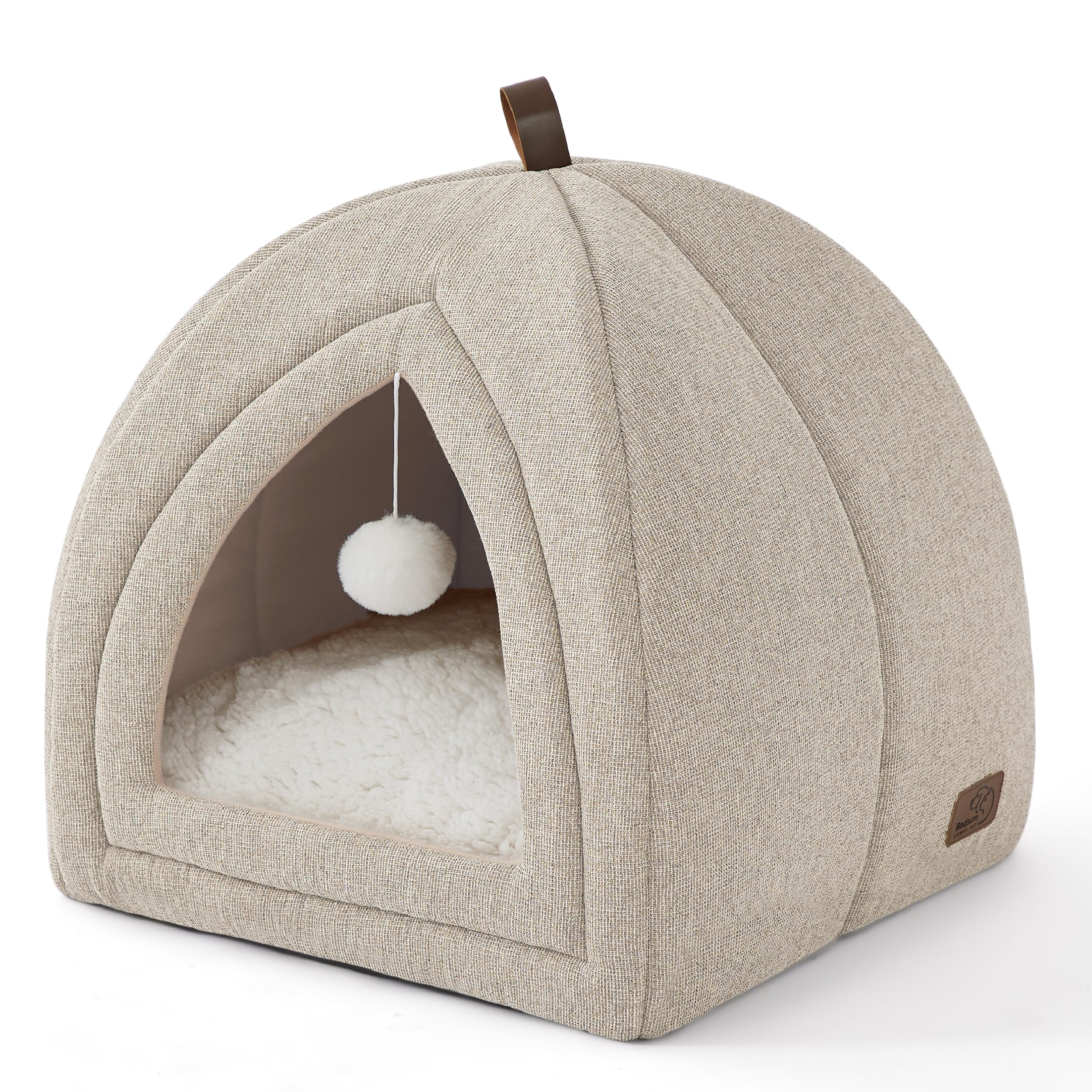 Bedsure Cat Beds for Indoor - 2 in 1 Cat Cave House Tent for Kittens and Small Pets with Removable Washable Cushioned Pillow, Foldable Kitten Hideaway with Non-Slip Bottom, Khaki, 17.3 inches