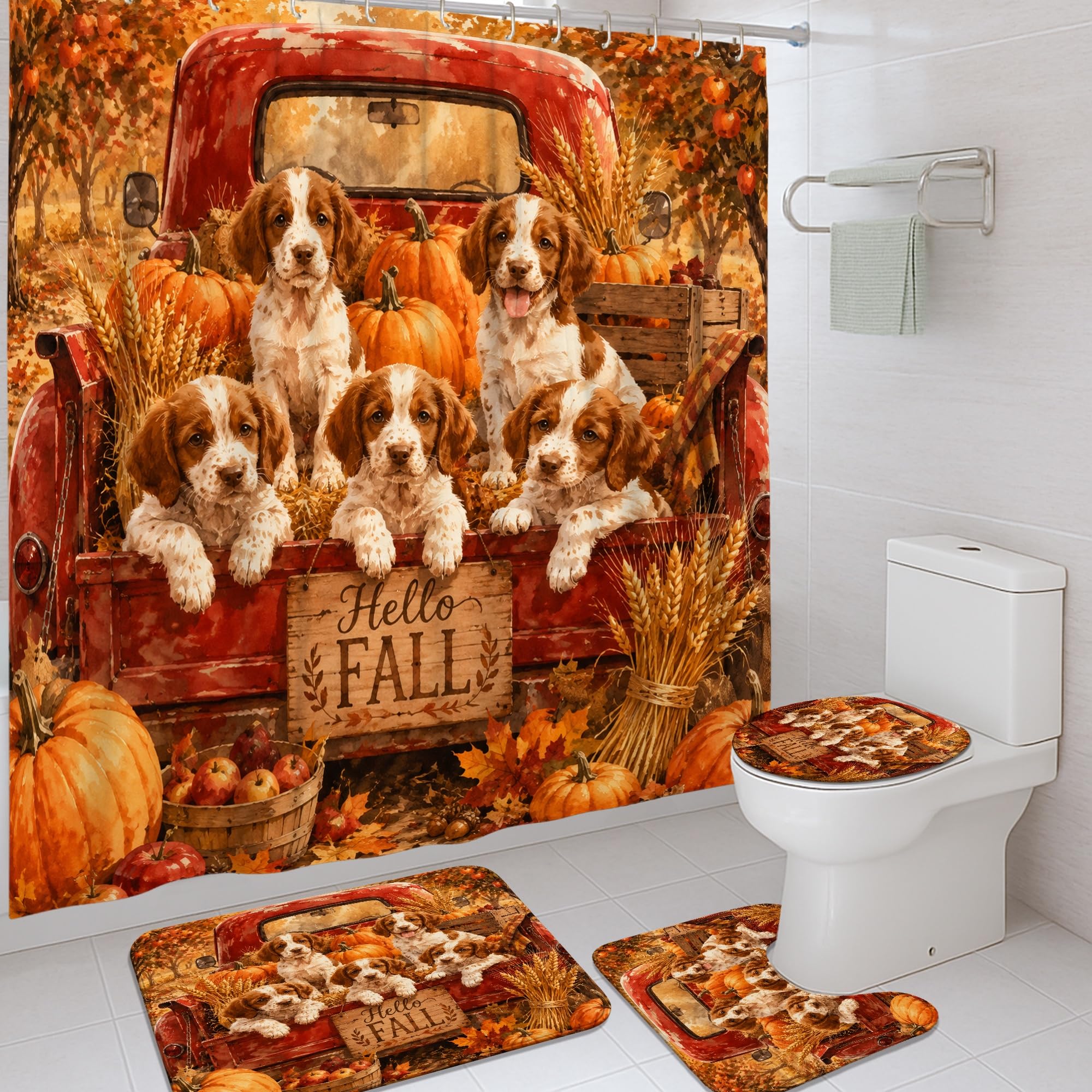 Rideau de douche rustique camion et citrouilles rouge automne 183x183 cm avec tapis et crochets