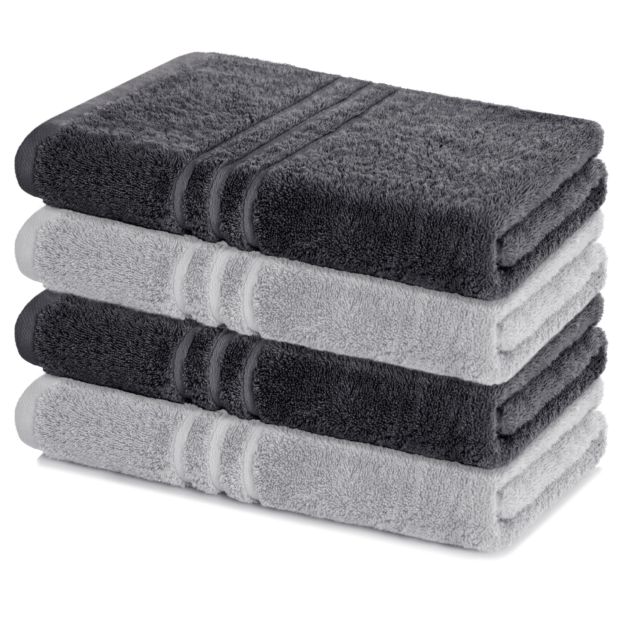 Lavea® Lot de 4 Serviettes de Bain 70x140 cm 100% Coton – Douces et Absorbantes – Idéales comme Serviette de Bain Grande Taille, Drap de Bain ou Serviette de Toilette – Anthracite et Argent | Lot de serviettes de bain 100 % coton - En éponge douce et abso