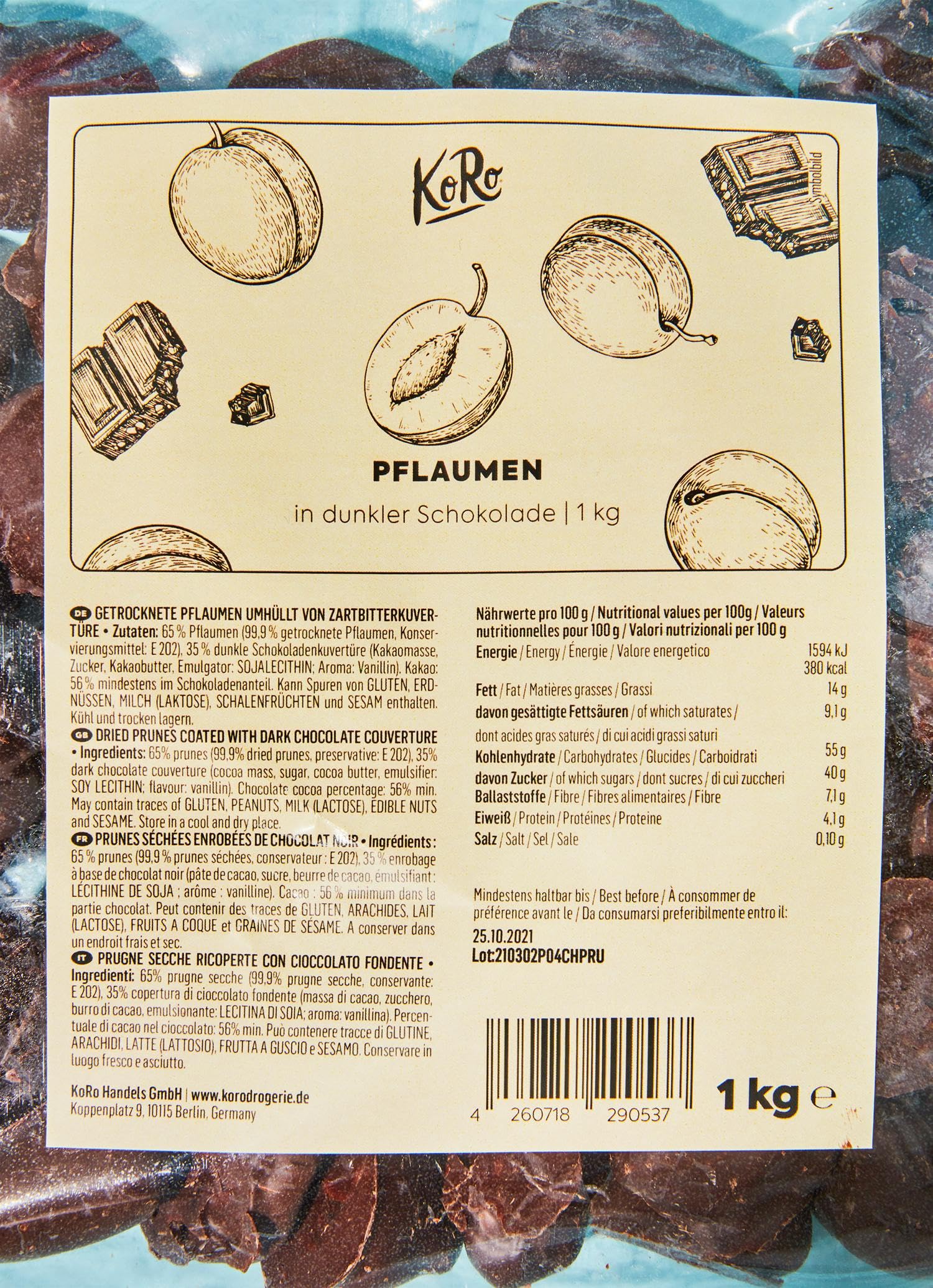 KoRo - Prunes au chocolat noir 1kg - Vegan - Enrobage de chocolat noir - Emballage avantageux