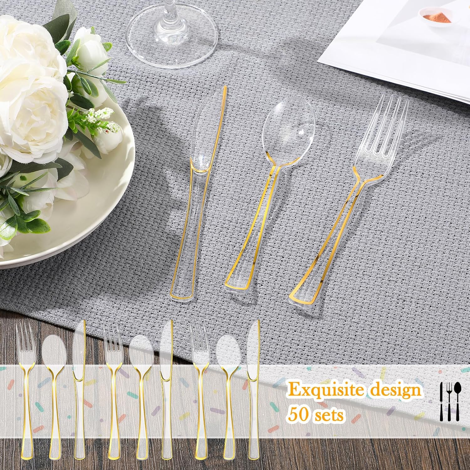 Minatee 150 Pcs Gold Plastic Silverware, Clear Disposable Cutlery Set Heavy Duty Utensil Sets 50 Forks 50 Knives 50 Spoons for Birthday Party Home Office School Picnics Restaurant Outdoor Events