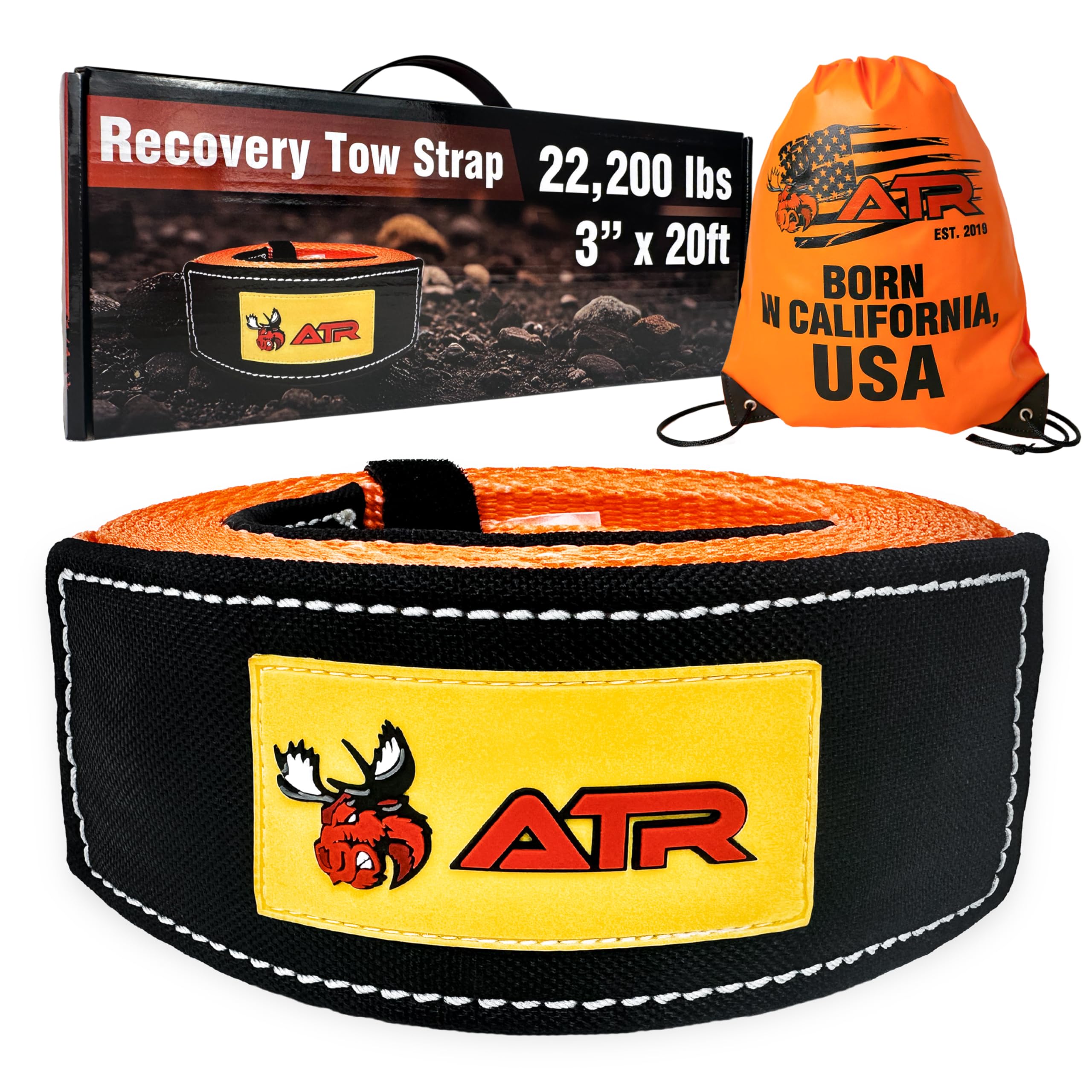 ATR Recovery Tow Strap 3″ x 20 ft – 22,200 lbs Breaking Strength, Heavy Duty Off-Road Recovery Strap for Truck, Jeep, SUV, Snatch Strap with Storage Bag – ATR USA
