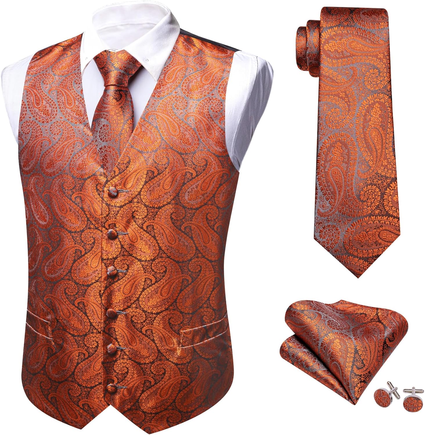 Barry.Wang Men's Suit Vest Formal/Leisure Paisley Jacquard Silk Tie Pocket Square Waistcoat Set Wedding 5PCS - Image 3
