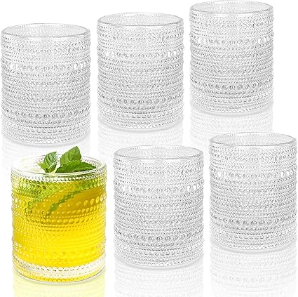 Hobnail Drinking Glasses Set of 6, 10 OZ Vintage Glassware, Textured Glass Cups Bubble Glasses Romantic Water Glasses Clear Old Fashion Jupiter Glasses Set for Beer, Cocktail, Whisky, Soda, Beverages.