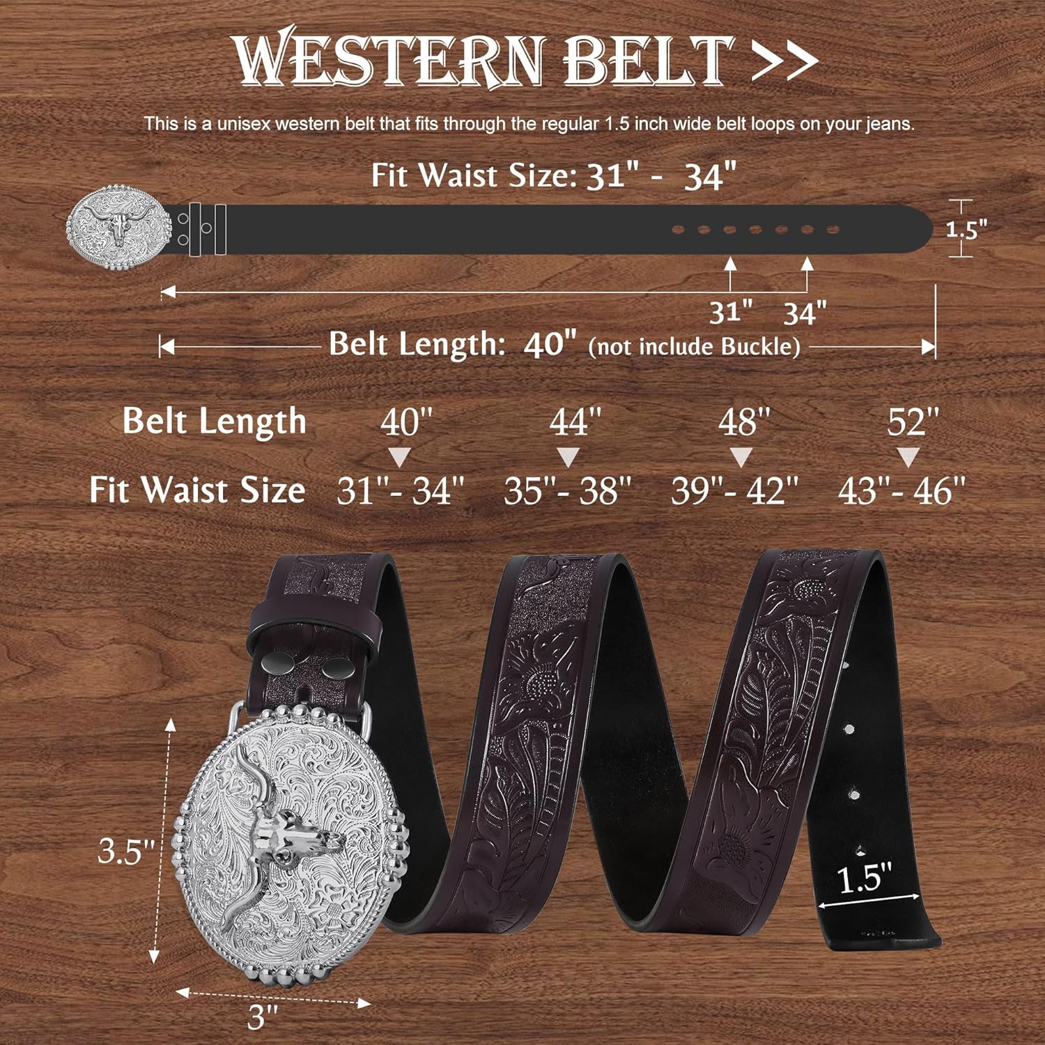 FIORETTO Western Cowboy Belts for Men Women Cowgirl Leather Belt Big Buckle Bull Belt for Jeans - Image 6