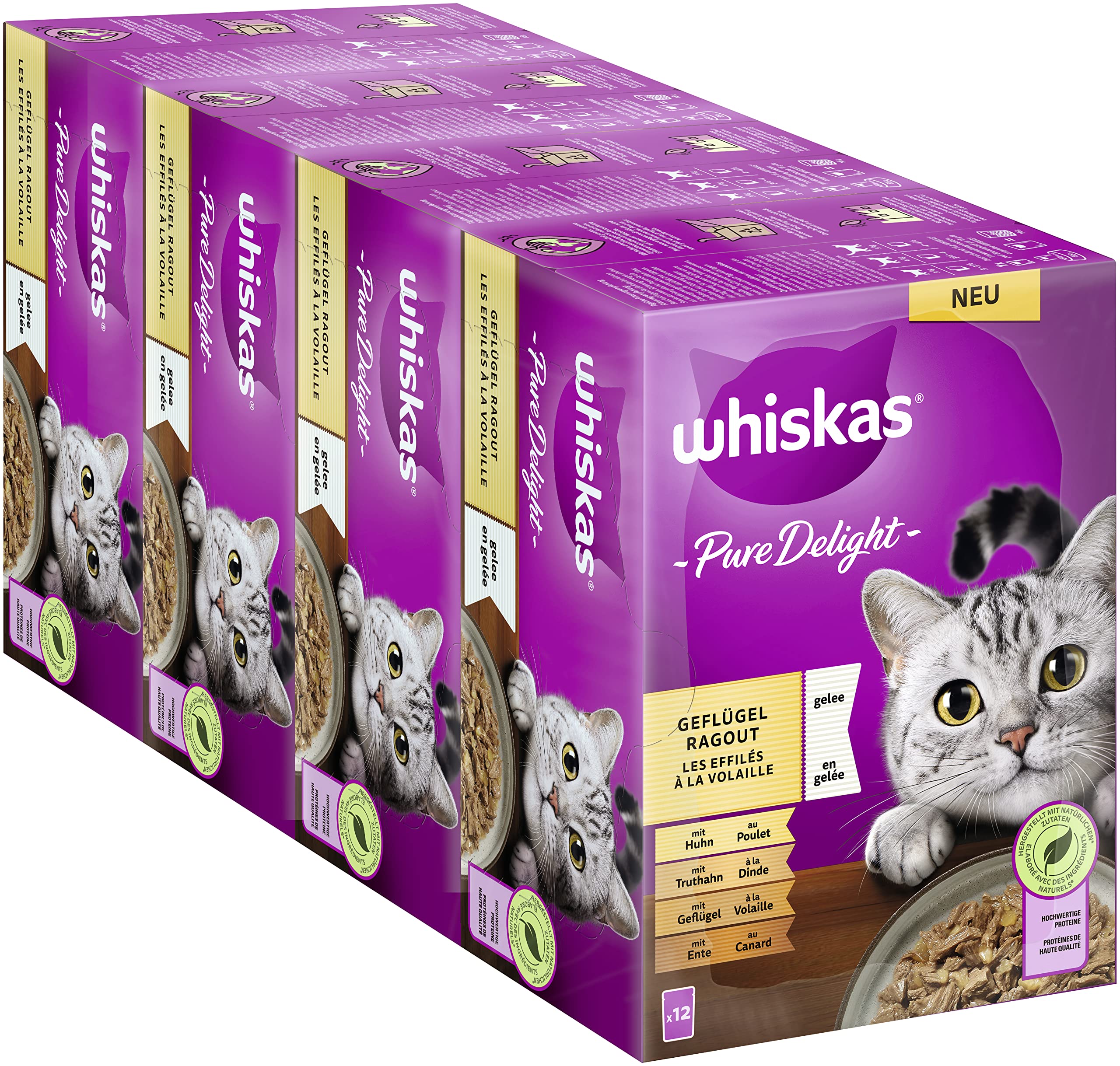 Whiskas 1 cibo per gatti Pure Delight per pollame in gelatina, 12 x 85 g (4 confezioni) – Alimento umido di alta qualità per gatti adulti in 48 sacchetti