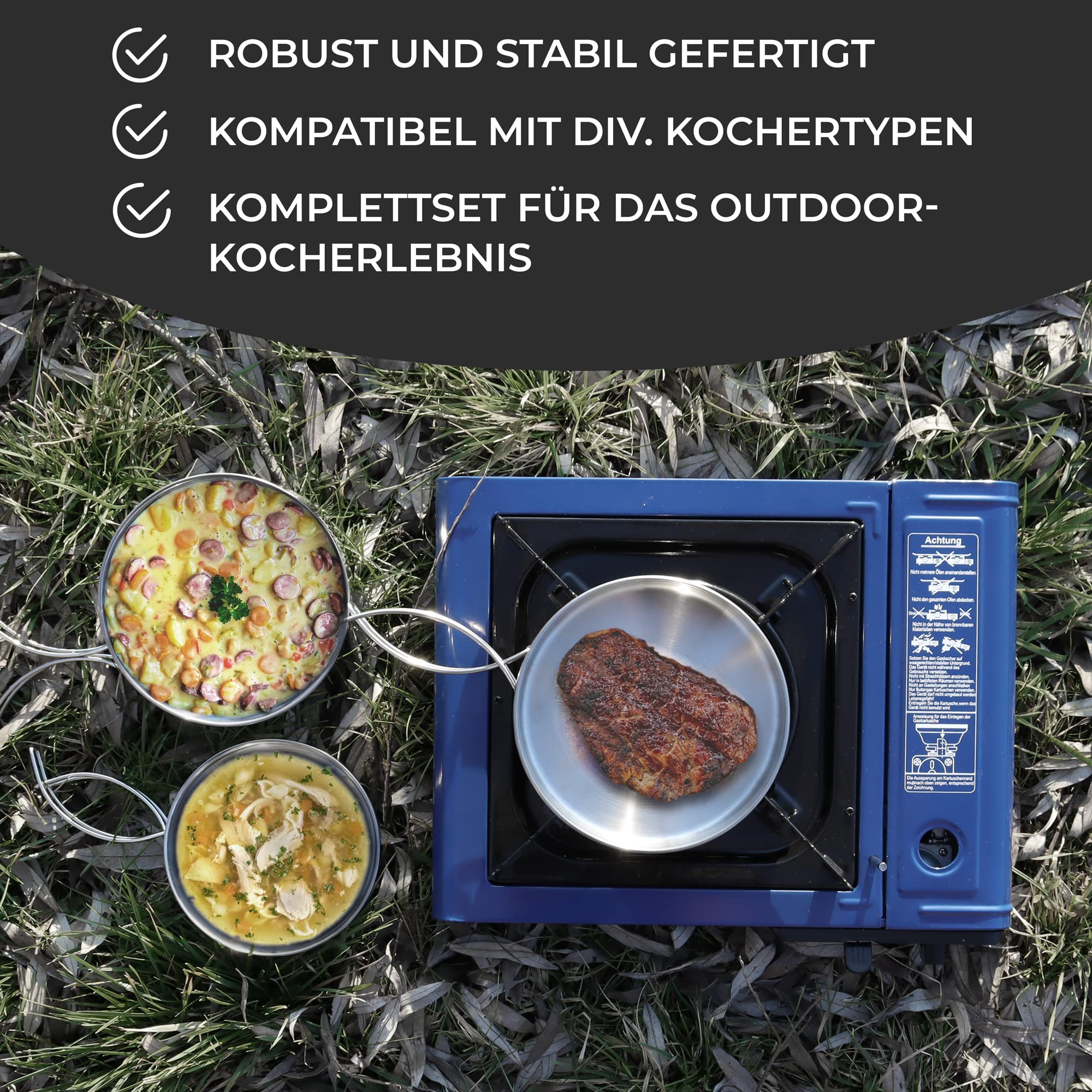 Camping Kochgeschirr 8tlg Set mit Edelstahl Topf, Pfanne & Tassen
