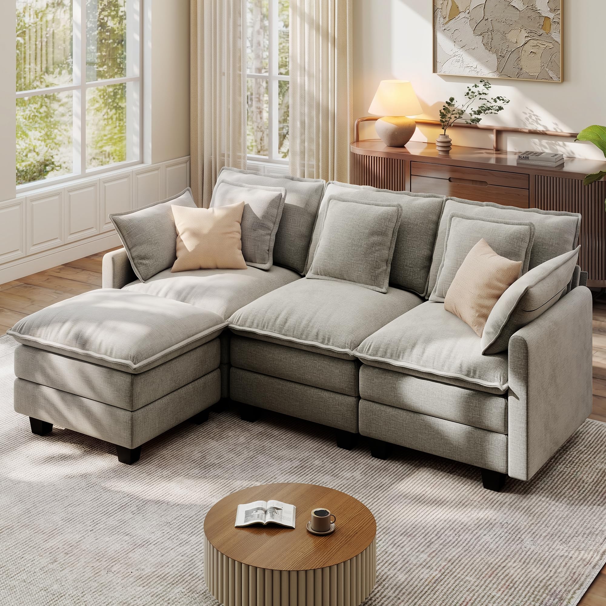 Ihanherry 83" Modular Sectional Cloud Sofa, L Shaped 4 Seat Chenille Couch with Movable Ottoman and 48" Deep Seat, Couches for Living Room, Grey