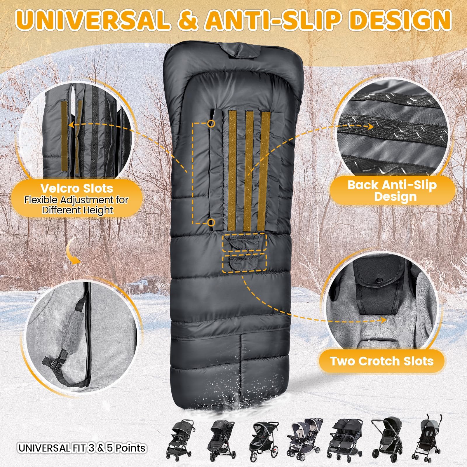 Orzbow Sacco Passeggino Universale Invernale, Lunga Coprigambe Passeggino Universale con Cerniera, Impermeabile, File, Lunghezza Regolabile, Antiscivolo, Facile da Usare, 97/117 * 44cm, Grigio Scuro