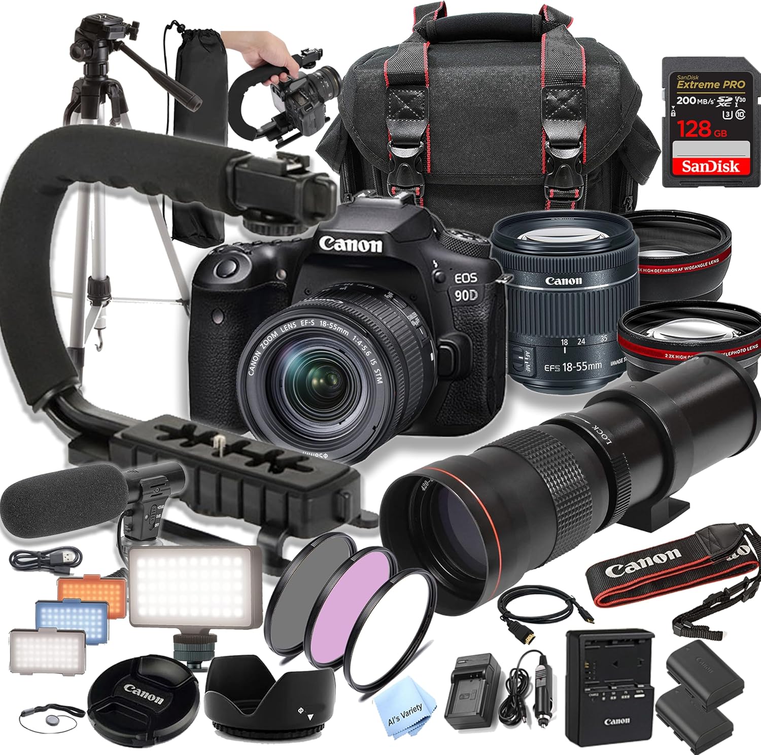 Canon EOS 90D DSLR Camera w/ 18-55mm STM + 420-800mm Super Telephoto Lens + 128GB Extreme Speed Card, U-Grip, Microphone, LED Video Light, Spare Battery, Filters, More (Extreme Pro-Bundle) (Renewed) Canon EOS 90D DSLR Camera w/ 18-55mm STM + 420-800mm Super Telephoto Lens + 128GB Extreme Speed Card, U-Grip, Microphone, LED Video Light, Spare Battery, Filters, More (Extreme Pro-Bundle) (Renewed)
