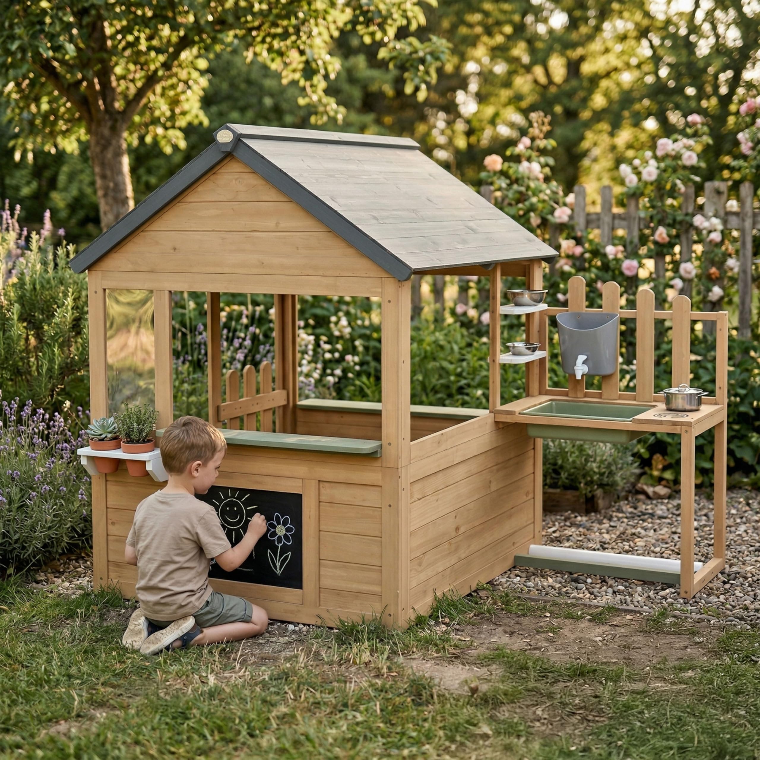 AXI Lizz Casetta per bambini in legno Marrone/Antracite con cucina giocattolo integrata