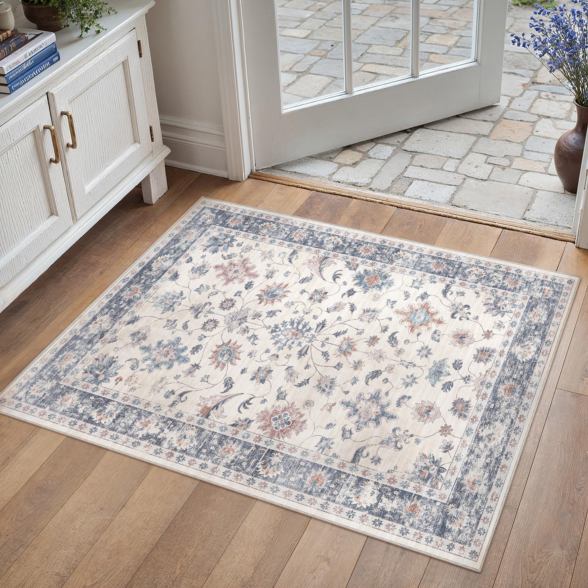 PureCozy Indoor Doormat, 60 x 90 cm, Washable Vintage Rug, Small in Entrance Area, Floral Pattern, Short Pile, Non-Slip Bumen Boho Carpet for Entrance, Hallway, Corrido, Bedroom, Kitchen, Blue & White — image 1