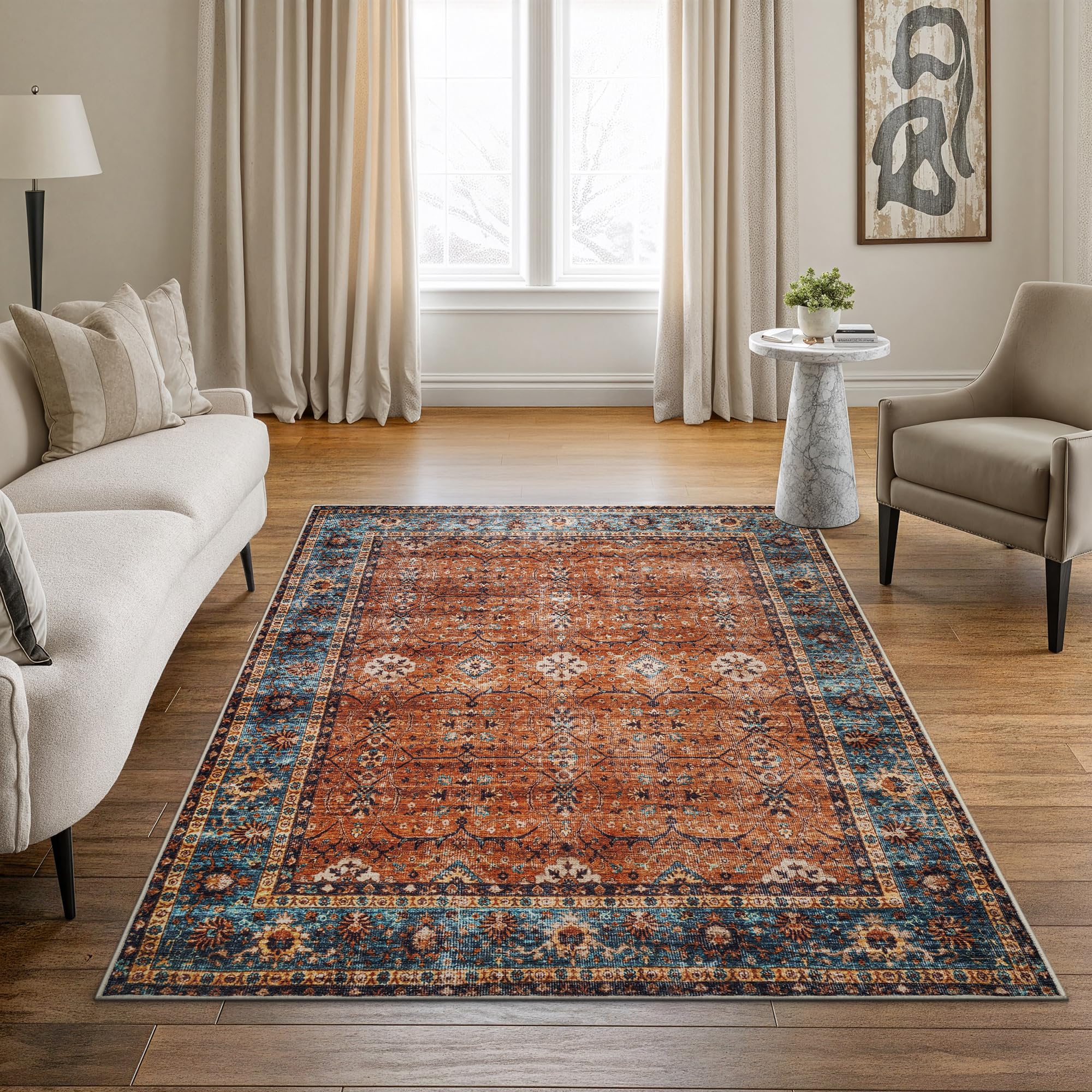 Bloom Rugs Washable Non-Slip 5' x 7' Rug - Orange/Teal Blue Traditional Bordered Area Rug for Living Room, Bedroom, Dining Room, and Kitchen - Exact