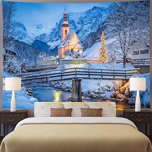Miniatura 2 de Aidatain Tapiz europeo de invierno  Alpes bávaros montañas nevadas y paisaje de pueblo austriaco, tamaño 80 pulgadas de largo x 60 pulgadas de