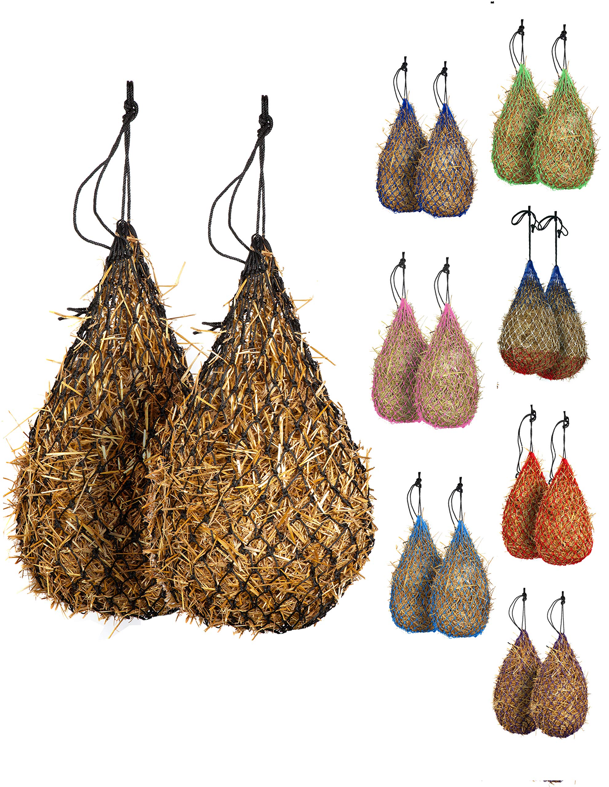 Majestic Ally 2 pcs Slow Feed 42” Hay Net for Horses, Strong Small 2x2” Holes, Nylon Rope Hanging, Adjustable Travel Feeder for Trailer and Stall,
