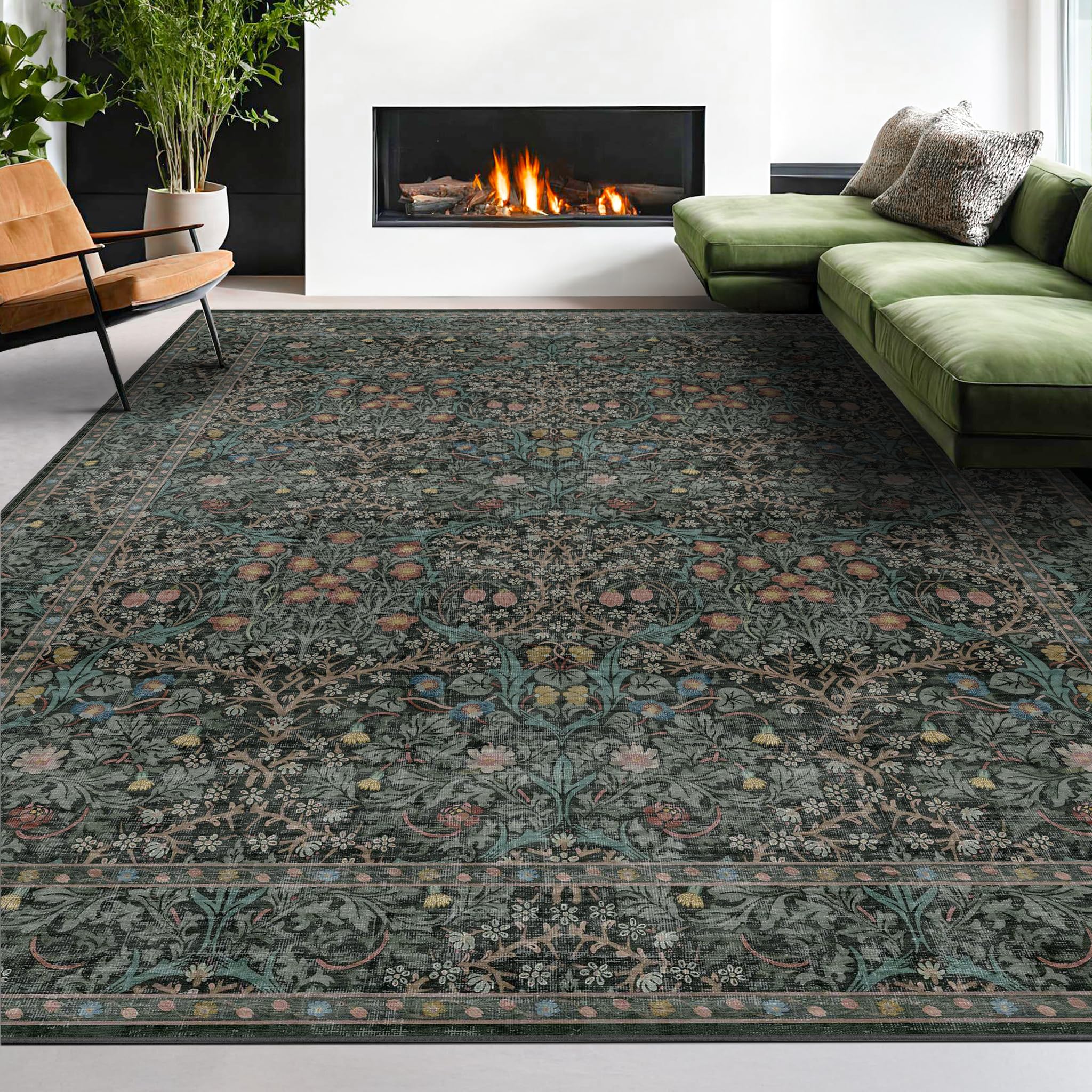 Washable Dark Green Rug for Living Room - 8x12 Large Area Rug for Dining Room Under Table, Bedroom, Soft Low Pile Non-Slip Stain Resistant Carpet - Vintage Floral Décor