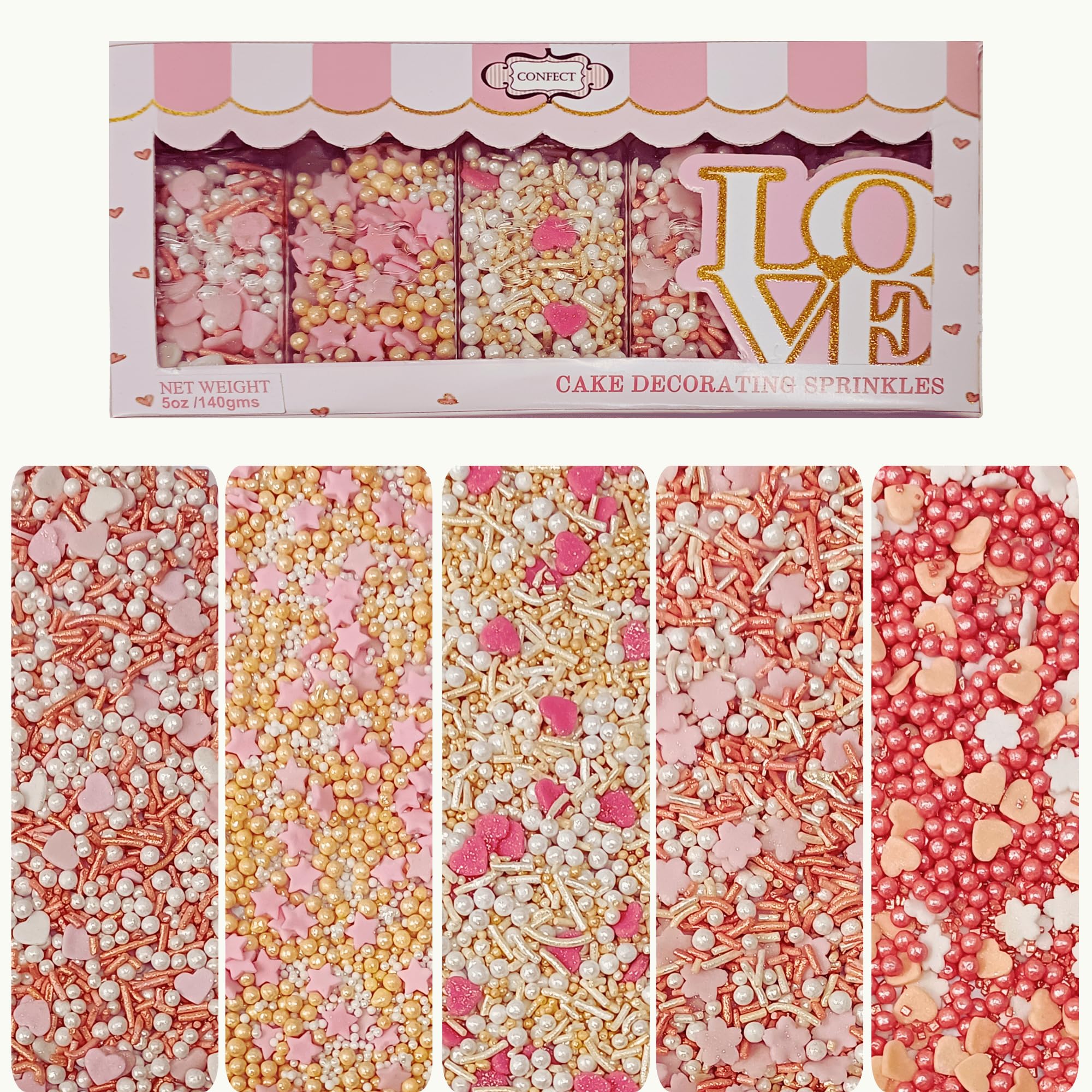 Confect Valentine’s Day Edible Sprinkles Mix – Gold, White & Pink Pearls with Stars & Hearts – Decorative Baking Sprinkles for Cakes, Cupcakes,