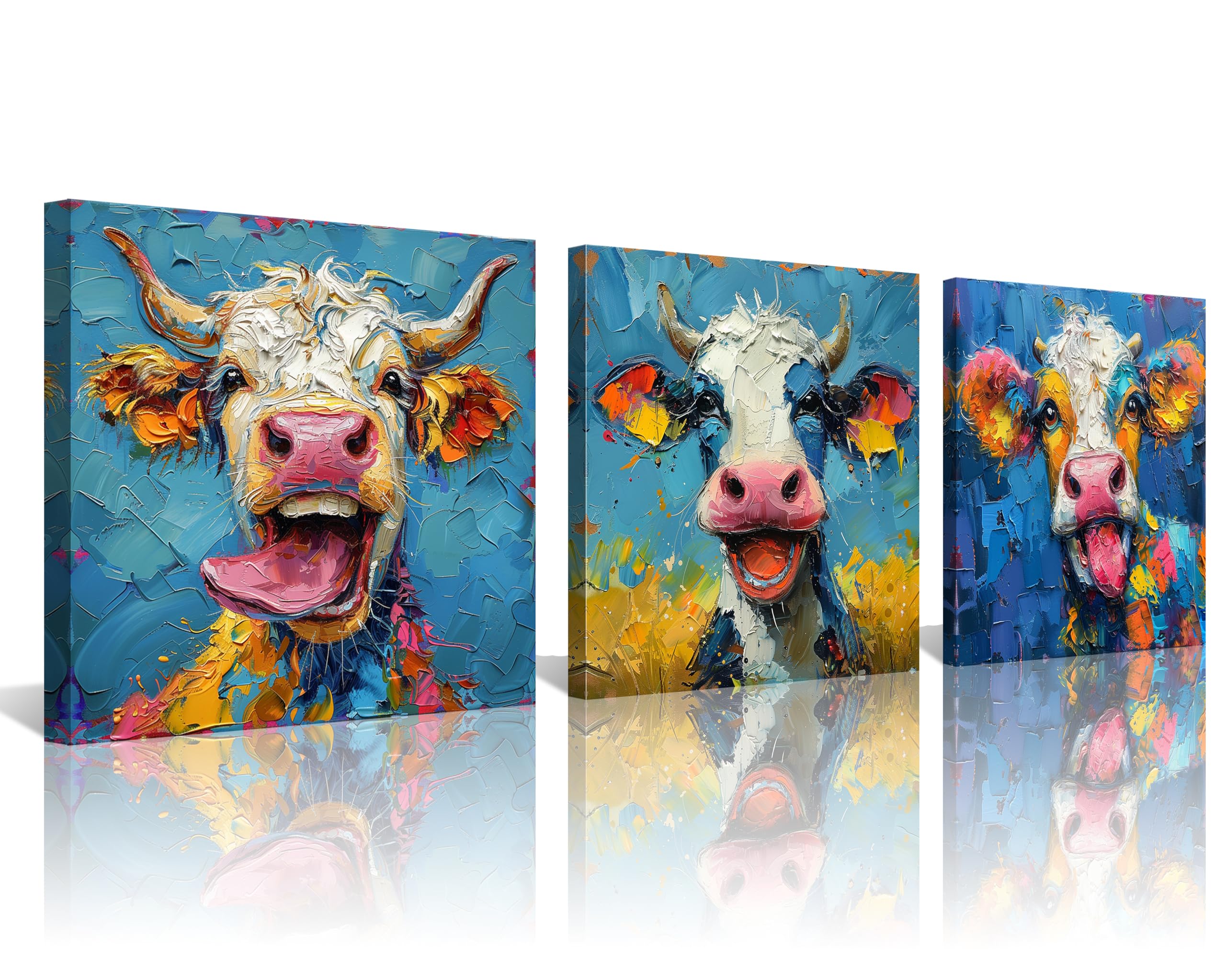 NAN Wind 3-Piece Set of Framed Cow Prints Vibrant Colorful Wall Art Easy-to-Hang Pictures Canvas Artwork Ideal for Bedroom, Kitchen, Bathrooms, Kids'