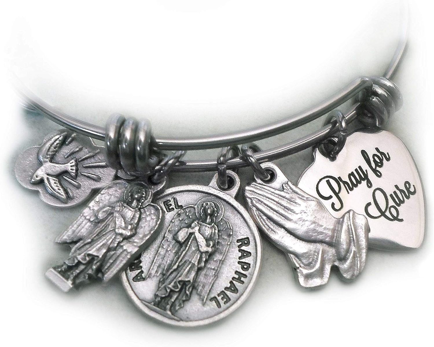 Archangel St. Raphael Pray for a Cure, Patron Saint of Healing Bangle, Charm Bracelet, Holy Spirit, Get Well Gift