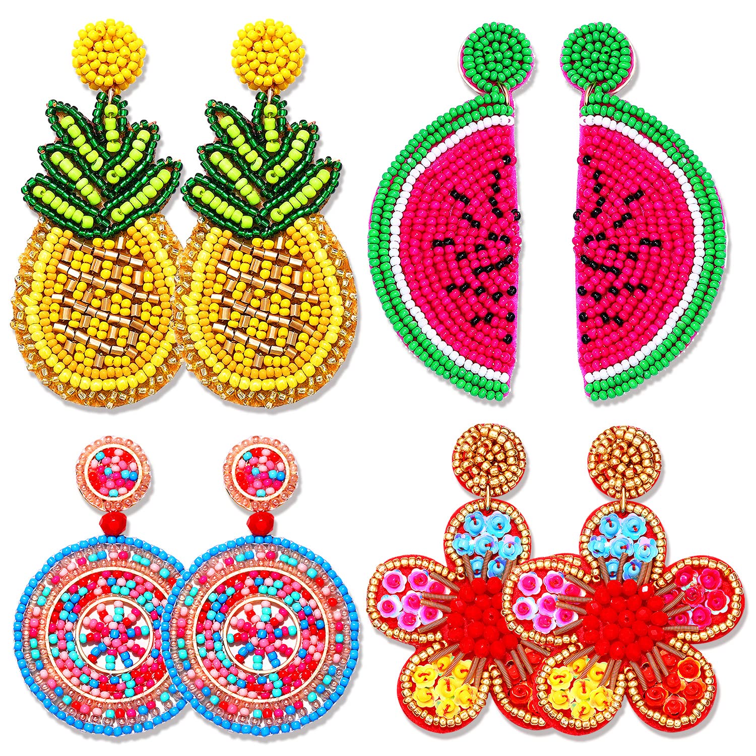 4 Pairs Beaded Earrings for Women Boho Geometric Beaded Dangle Earrings Statement Pineapple Flower Drop Earrings Colorful Summer Earrings Set Jewelry