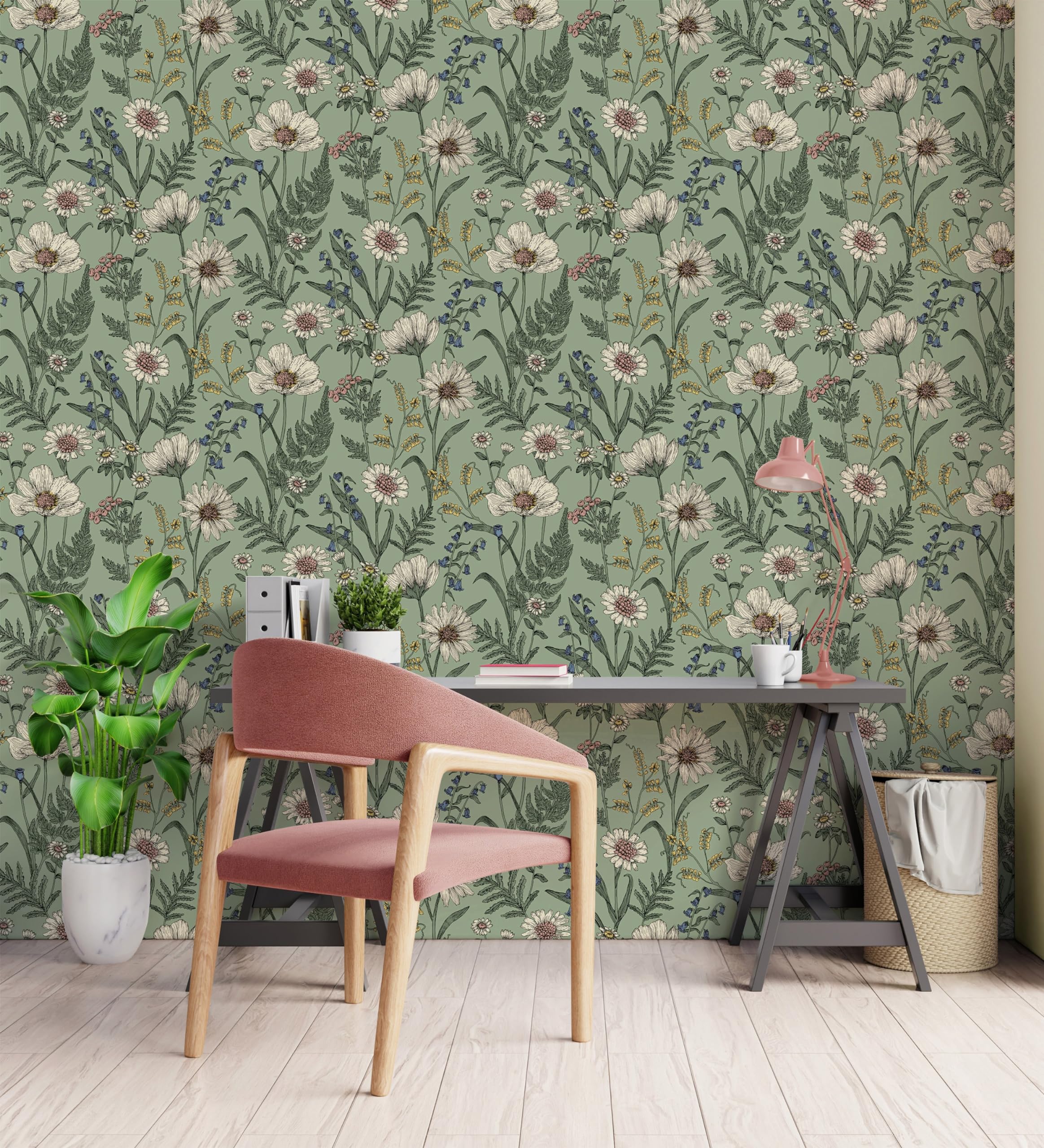 GAULAN 682381 - Papel pintado vinílico de flores silvestres con margaritas y amapolas fondo verde para pared salón cocina baño dormitorio pasillo - Rollo de 10 m x 0,52 m