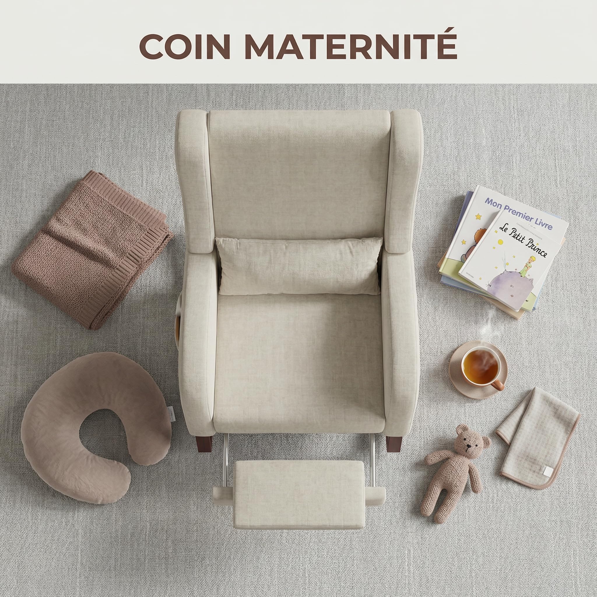 Fauteuil à Bascule, avec accoudoirs et Poches latérales, Chaise d'allaitement Ergonomique avec Coussins, Structure en Bois Massif, Chaise Longue pour Salon ou Chambre (Beige + Velours Givré)