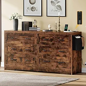 DWVO Farmhouse 6 Drawer Dresser for Bedroom, 60 Inch Large Modern Dresser TV Stand with Drawers & Bar Handles, Storage Dressers with Power Outlets, Rustic Wood Chest of Drawers, Rustic Brown