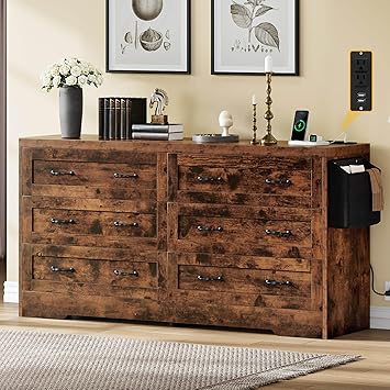 DWVO Farmhouse 6 Drawer Dresser for Bedroom, 59" Wide Modern Dresser TV Stand with Large Drawers & Bar Handles, Storage Dressers with Power Outlets, Rustic Wood Chest of Drawers, Rustic Brown