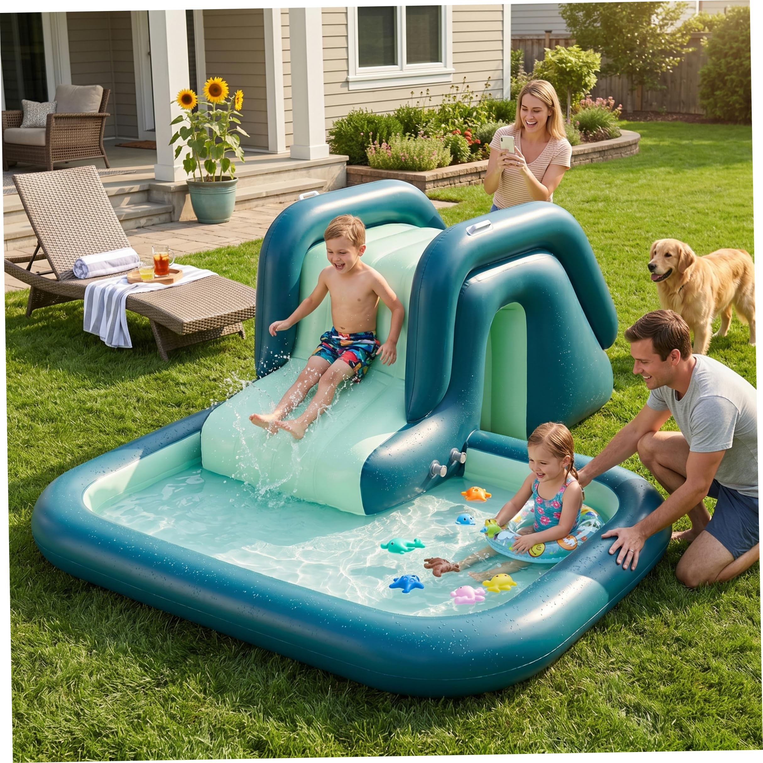 Scivolo gonfiabile per piscine fuori terra - Scivolo per piscina a gonfiaggio rapido per giochi estivi in ​​giardino (verde) Acqua gonfiabile
