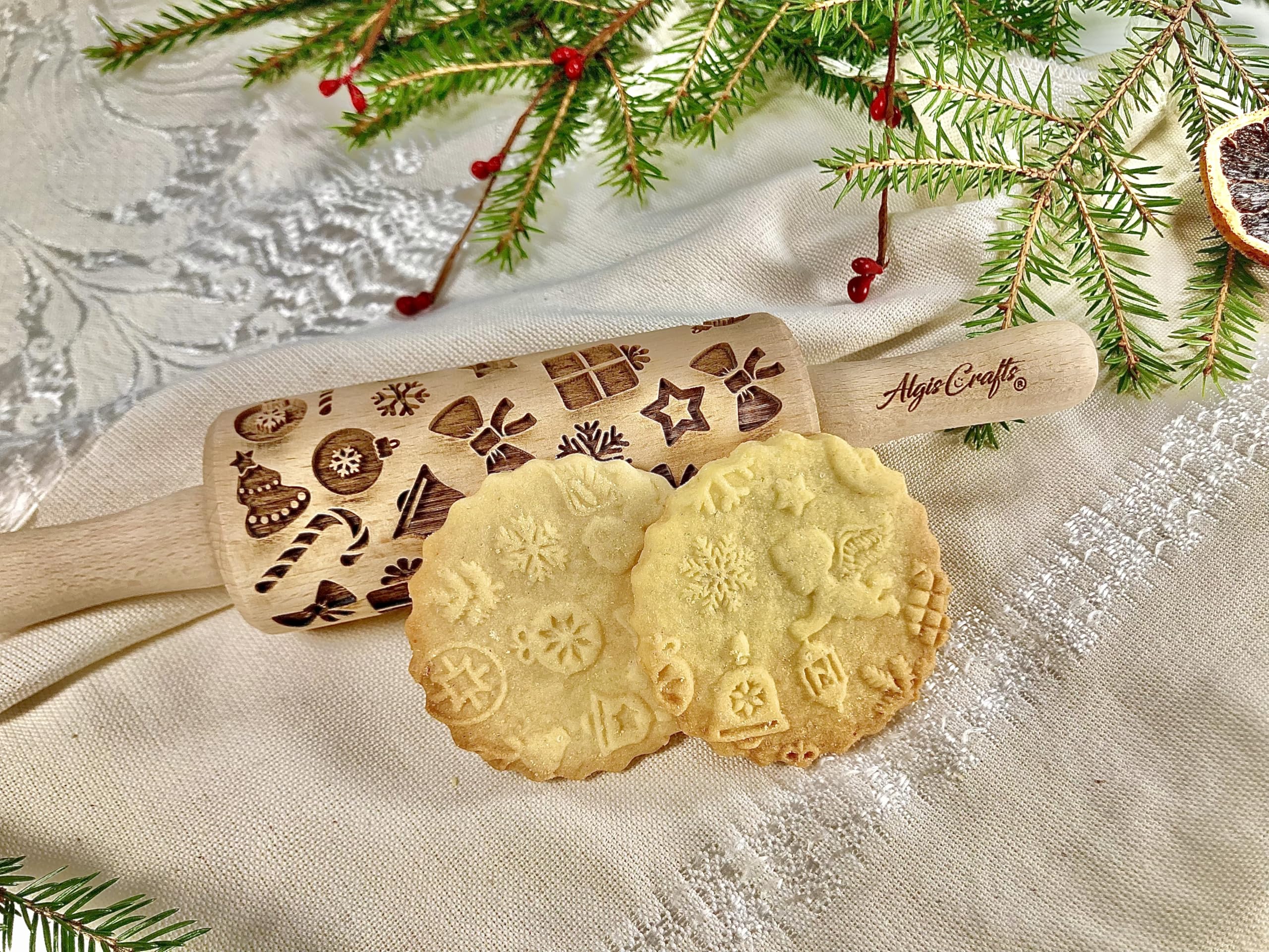 NATALE Mattarello Decorativo per Biscotti - Set di 3 Mattarelli Piccoli | Mattarello Inciso | Rullo per Biscotti e per Modellare per fai da te | Mattarello Legno Goffrato di Algis Crafts