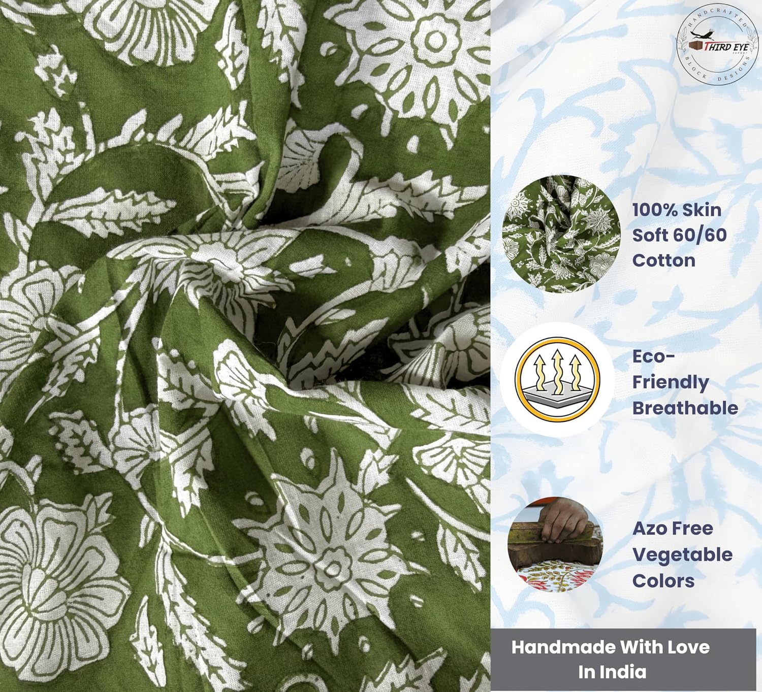 Indian Hand Block Print 60/60 100% Cotton Fabric by The Yard, Lightweight Floral Quilting & Sewing Fabric for Dressmaking, Upholstery & DIY Craft (RB-129 Green, 5 Yard Pre Cut)