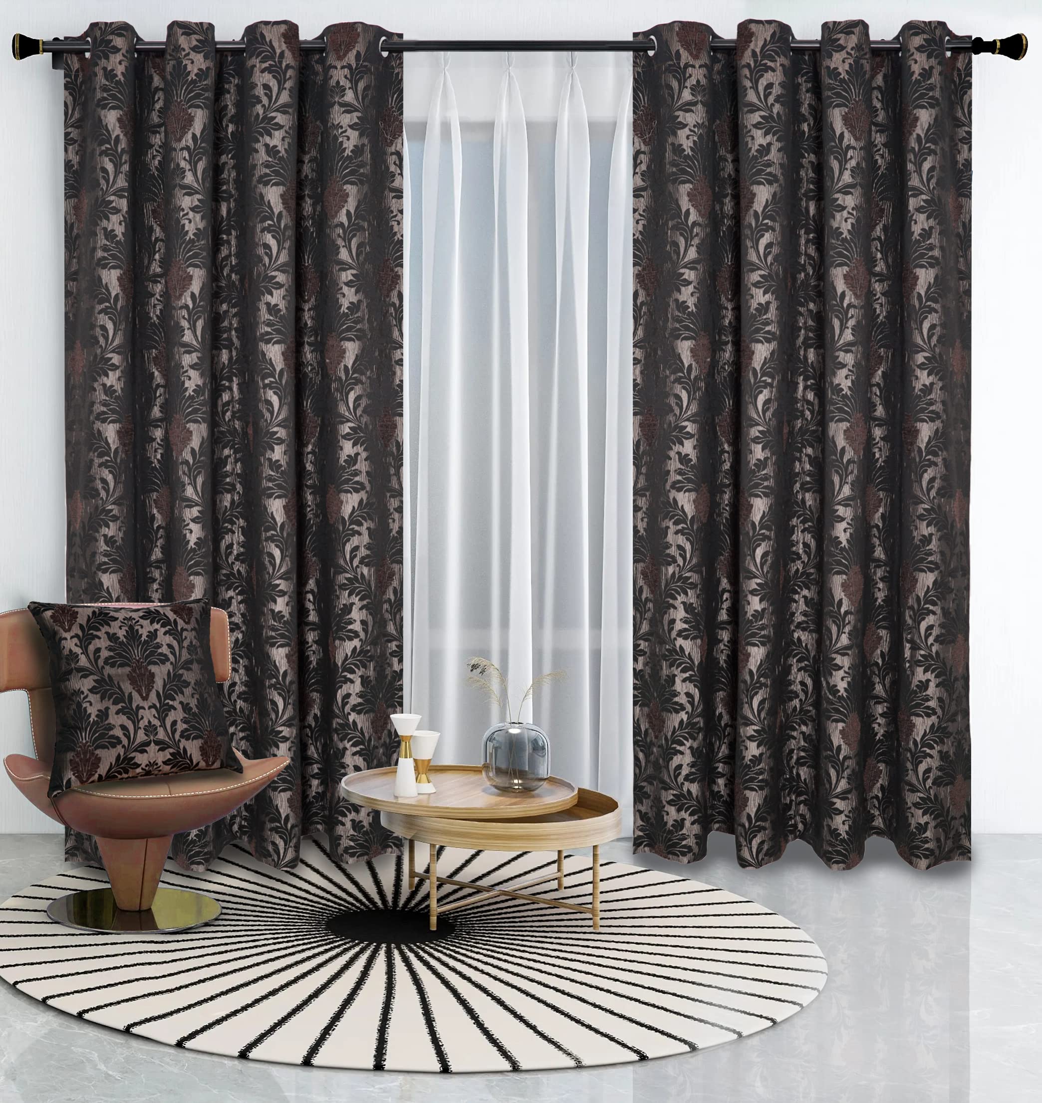 PRIME LINENS Richmond Curtains for Living Room Ring Top Jacquard Fully Lined Modern Panels Eyelet Curtain for Bedroom with Tie Backs (Choco/Brown, 90" x 108")