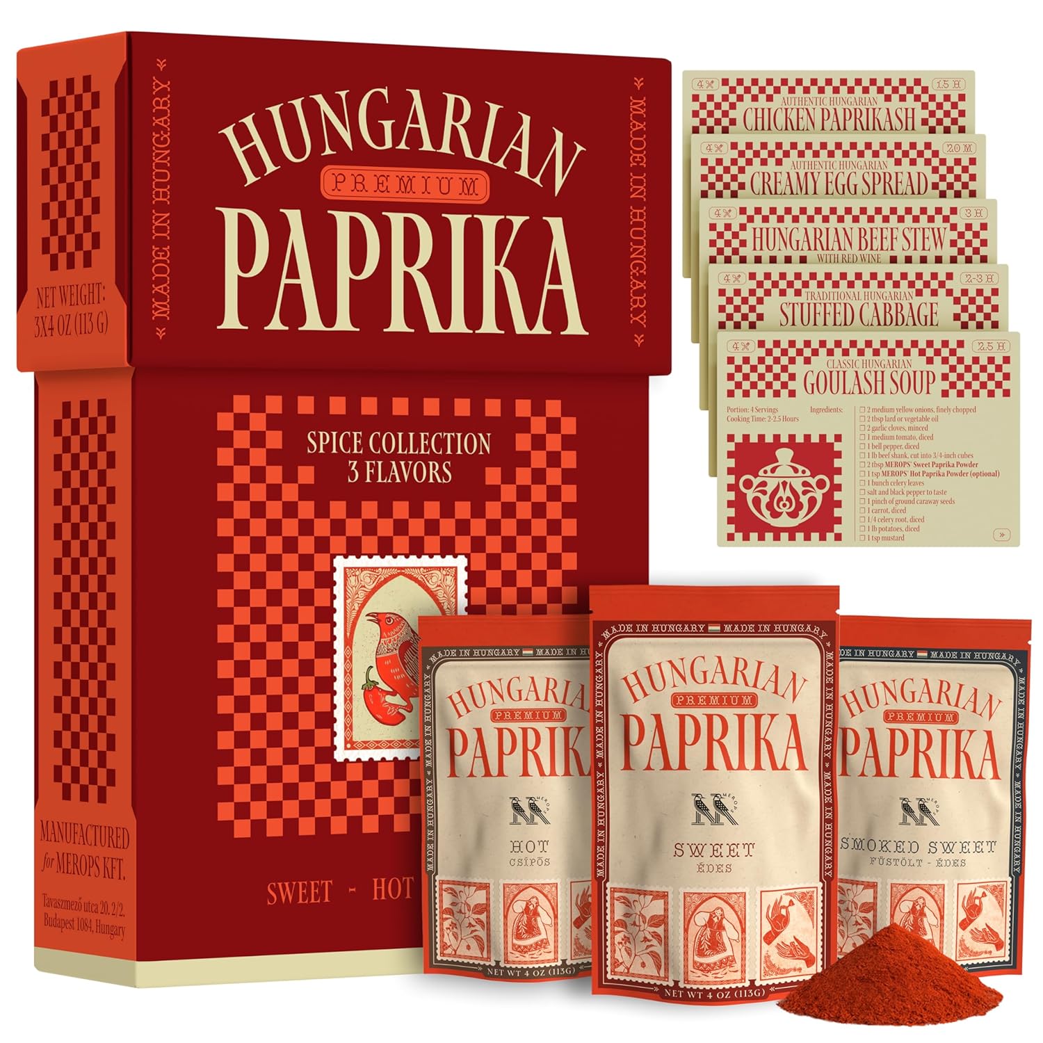 Premium Hungarian Paprika Spice Collection GIFT SET – Sweet, Smoked & Hot (3 x 4 oz) - Five Traditional Hungarian Recipe Cards – Non-GMO – Authentic Seasoning Spice in Resealable Bags by MEROPS