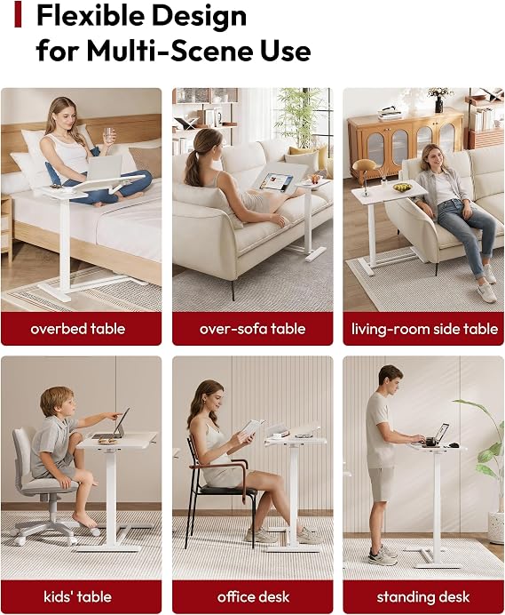 SANODESK 28''Overbed Table Gas Spring Lifting with Wheels&Tilting Desktop