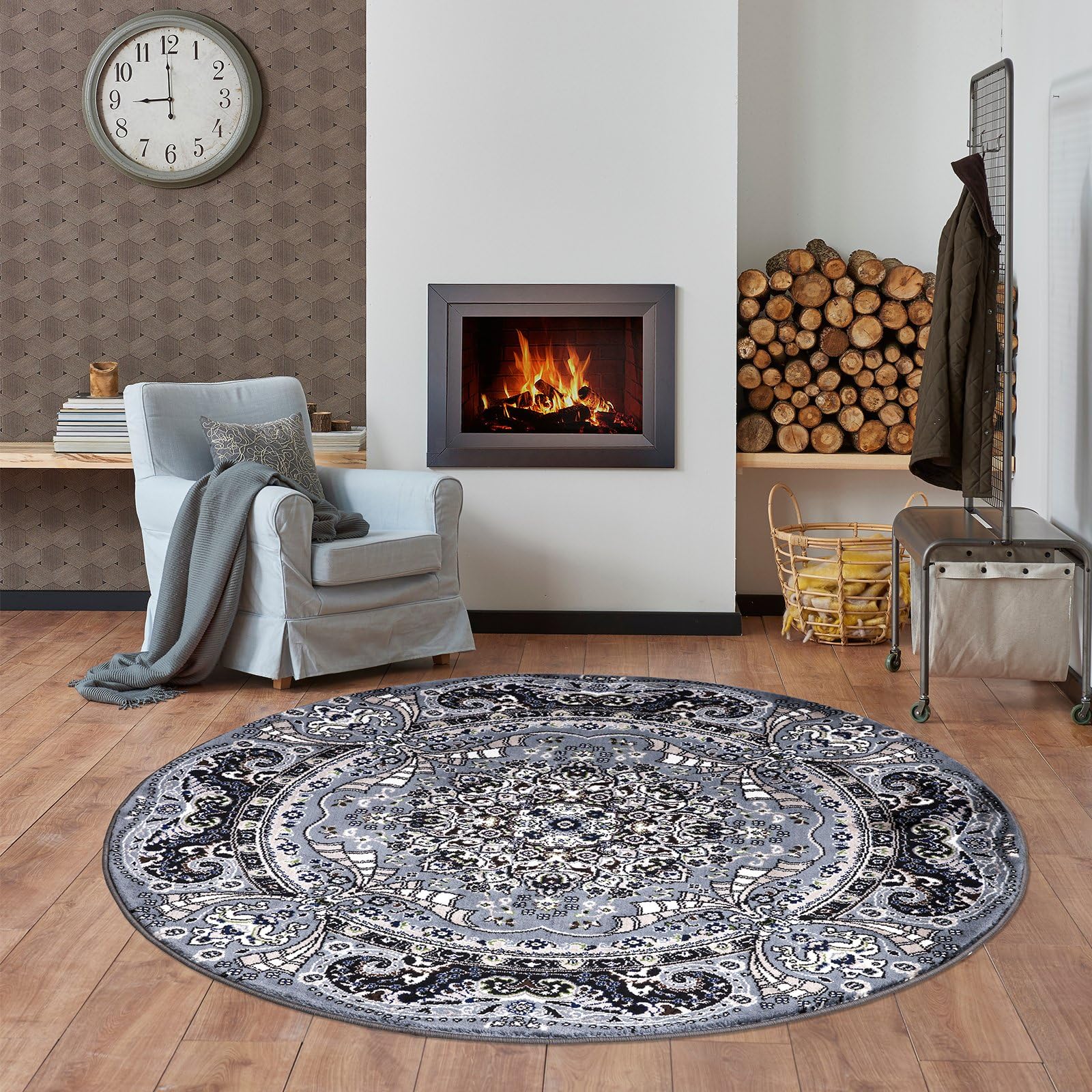 cozily® Soft Pile Washable Vintage Round Rug, 120 x 120 cm (3 ft 11 in x 3 ft 11 in) - Grey - Floral Pattern Carpet for Bed room, Living, Boys and Study Room — image 1