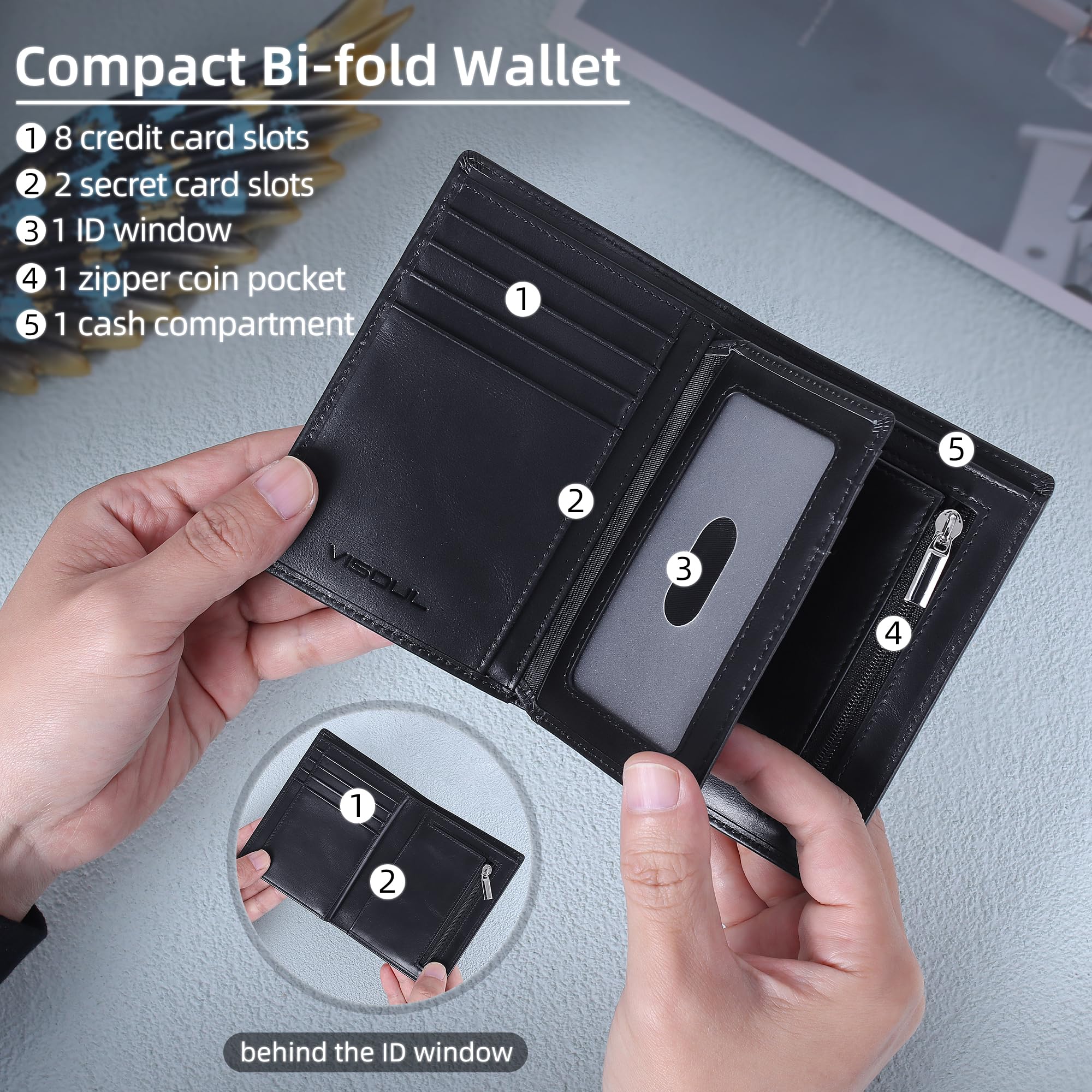 VISOUL Cartera de Piel Auténtica para Hombre con Protección RFID, Billetera Bifold Vertical de Piel, Monedero Cuero con Cremallera, 11 Ranuras para Tarjetas y 1 Compartimento para Billetes-Negro