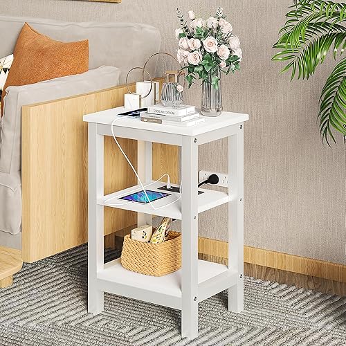 Miniatura 2 de VECELO Mesitas de noche modernas con estación de carga, mesa auxiliar auxiliar con estante de almacenamiento para espacios pequeños, dormitorio,