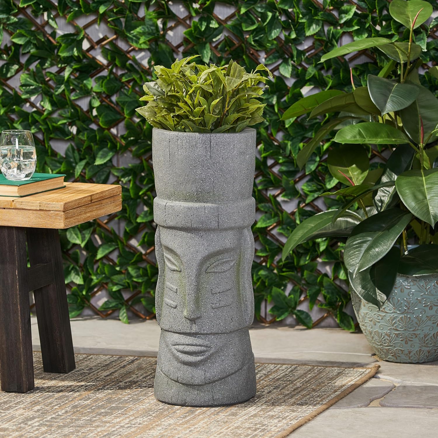 Tall Urn Flower Planter 24" Indoor Outdoor, Lightweight Faux Stone Magnesium Oxide Planter Pot, Stone Gray Decorative Garden Planter for Patio Balcony Living Room