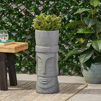 roomfitters Decorative Tiki Face Planter, Outdoor Flower Pot with Unique Tribal Design for Garden and Patio, Grey