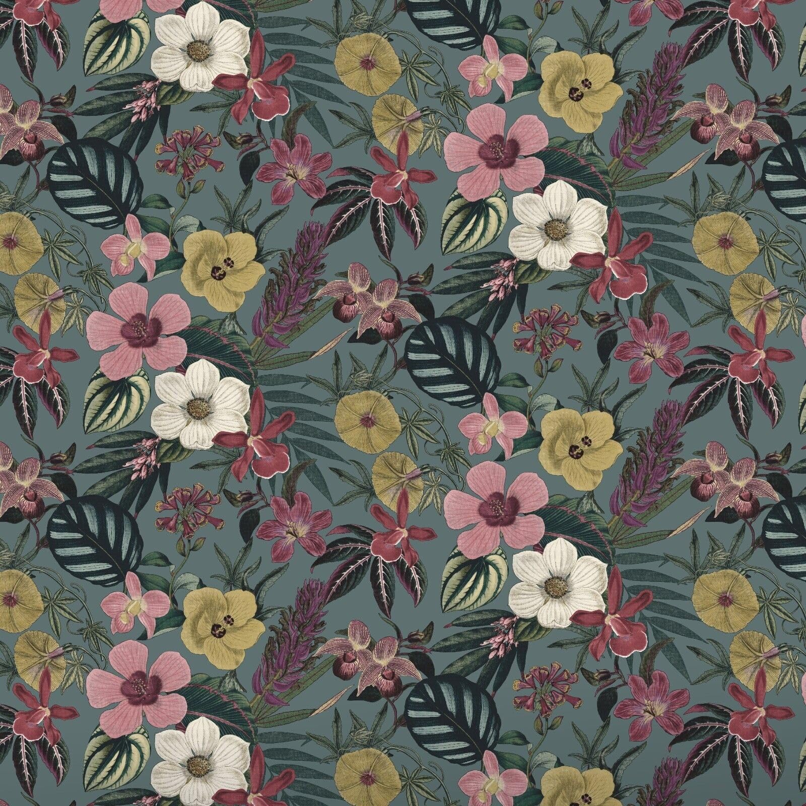 SOPHIE LAURENCE Floral Orchid Wallpaper Pink Yellow Exotic Tropical Palm Leaves Smooth - Textured, Washable, Strippable - Paste The Paper Feature Wallpaper (Teal, Full Roll)