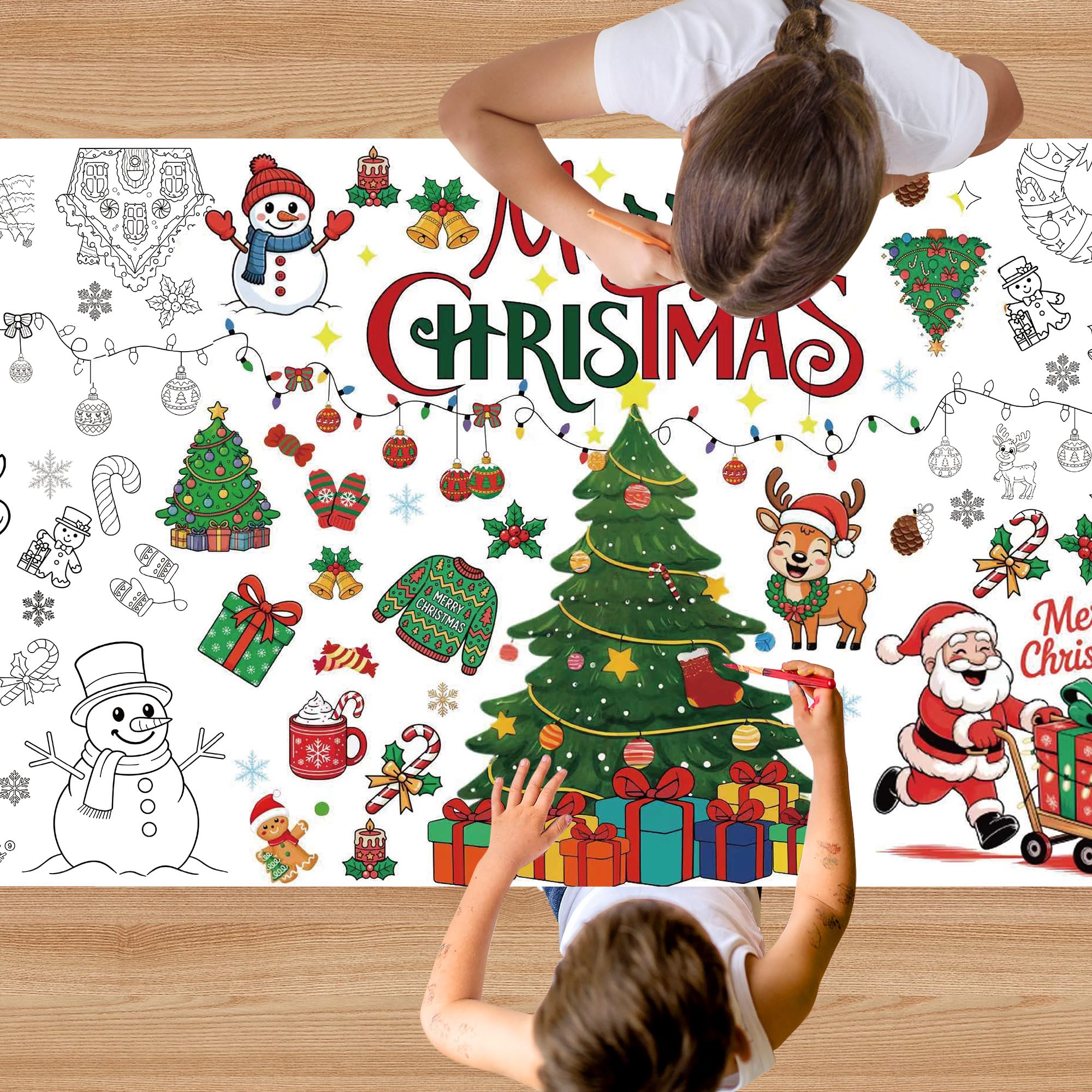 EUVBOKW Christmas Coloring Poster,Winter Xmas Crafts DIY Art Coloring Tablecloth 30 x 72 Inches Paper Drawing Banner for Classroom Activities Games