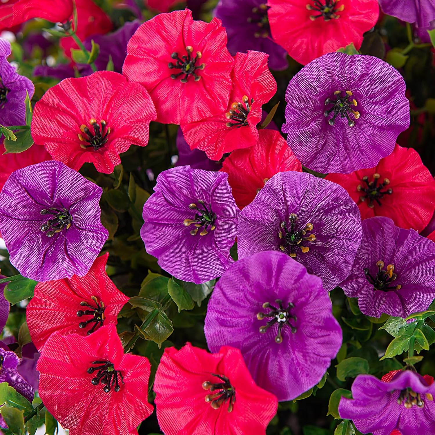 Artificial Fake Hanging Flowers with Basket for Outdoor Decor 12 Pcs UV Resistant Faux Silk Morning Glory Flowers Plants for Outdoor Outside Planters Home Porch Patio Balcony Spring Summer Decor