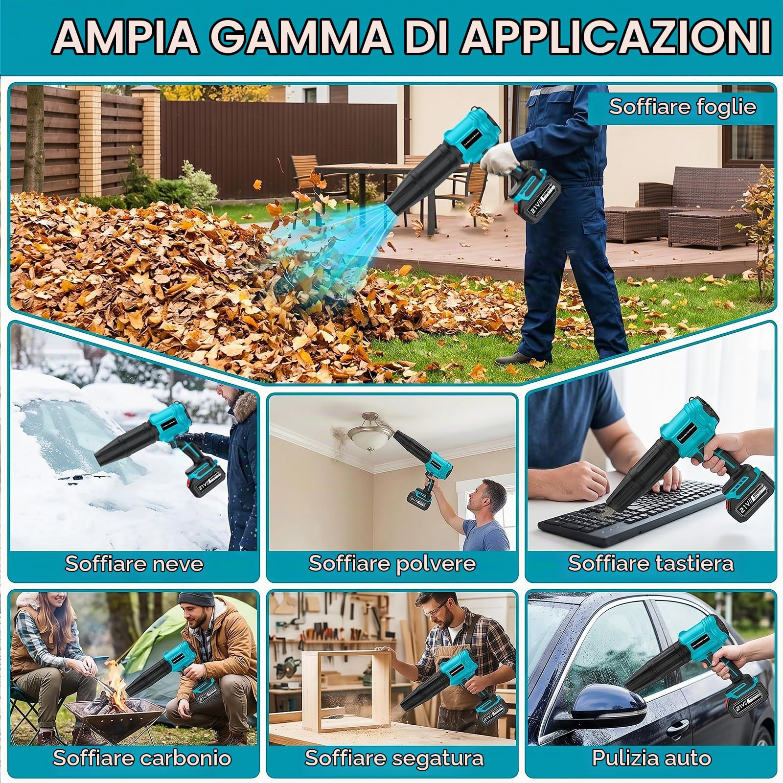 Soffiatore a batteria con 2 batterie da 4,0 Ah, motore turbo da 800.000 giri/min, velocità dell'aria 65 m/s, soffiatore senza fili con regolazione continua e 2 tubi di soffiaggio per giardino
