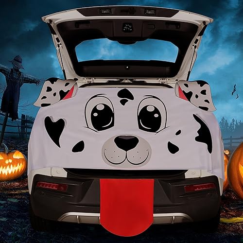 Miniatura 5 de JOYIN Kit de decoración de Halloween para tronco o automóvil con diseño de perro dálmata, calcomanías de garaje con tablero de papel y mantel de