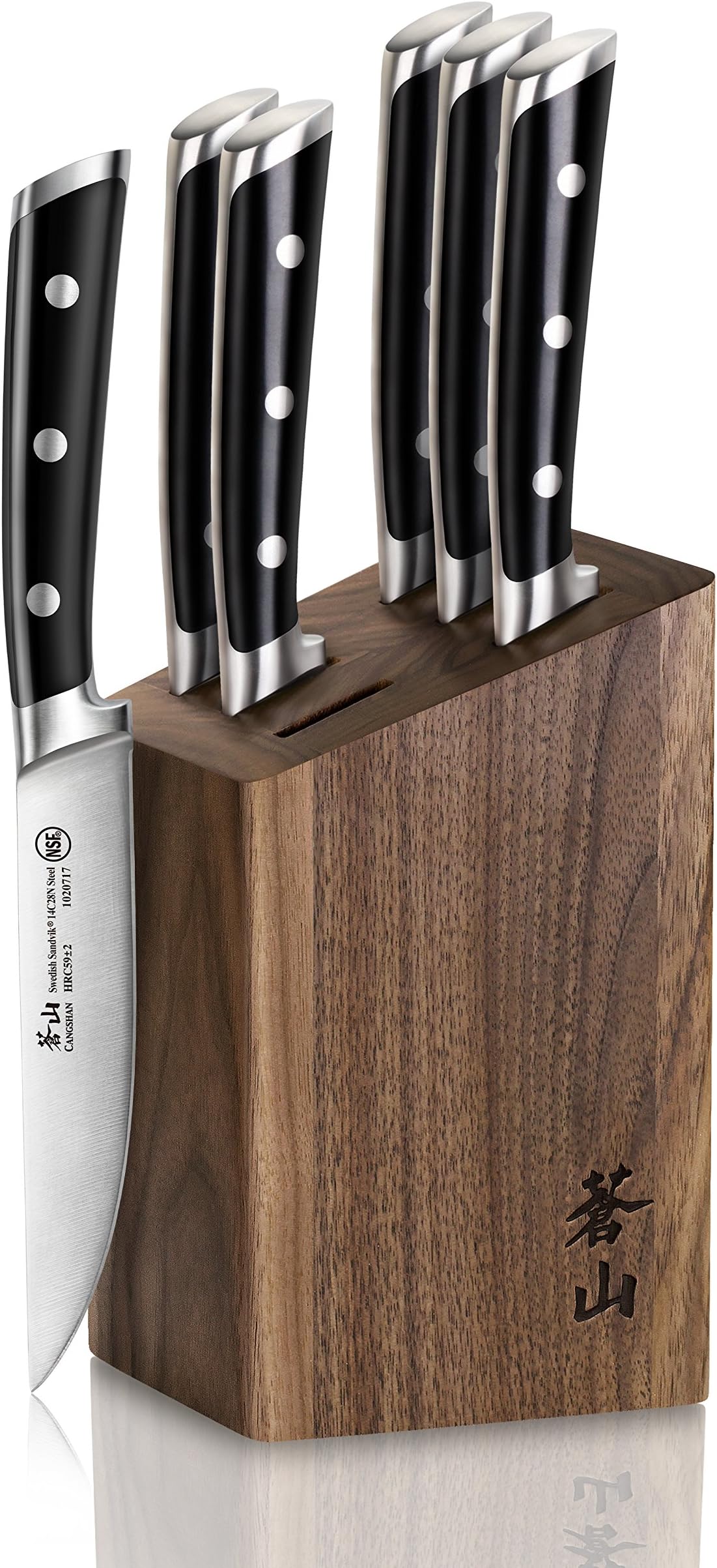 Cangshan TS Series 1022261 Swedish Sandvik 14C28N Steel Forged 6-Piece Steak Knife Block Set, Walnut