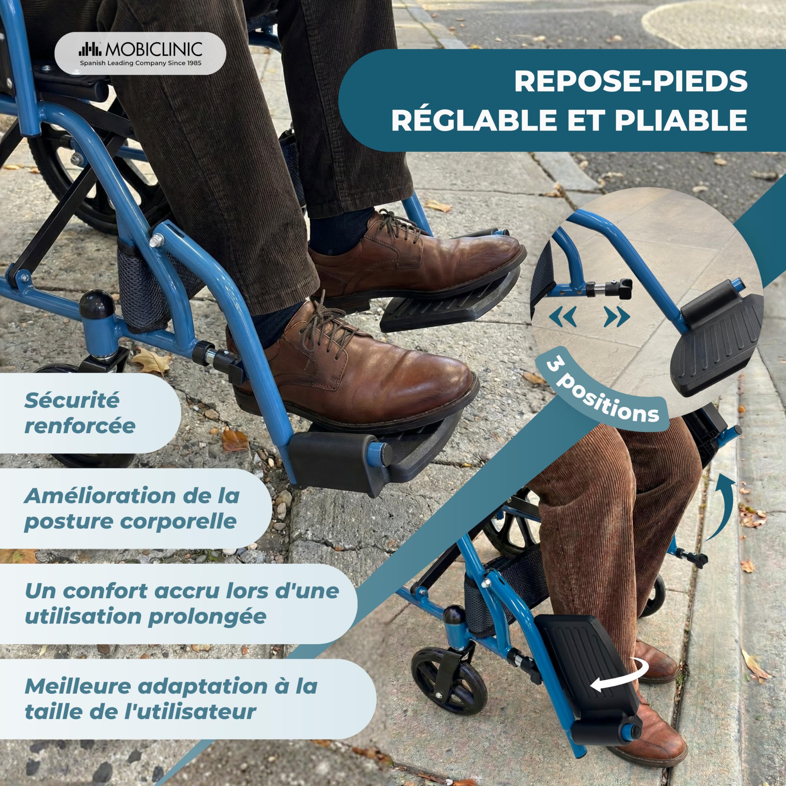 Mobiclinic®, Fauteuil Roulant Pliant Léger, de Transfert, Dossier Rabattable, Repose-Pieds Rabattables, Double Système de Freinage, Acier Renforcé, Jusqu'à 100 kg, Léger et Compact, Faraón