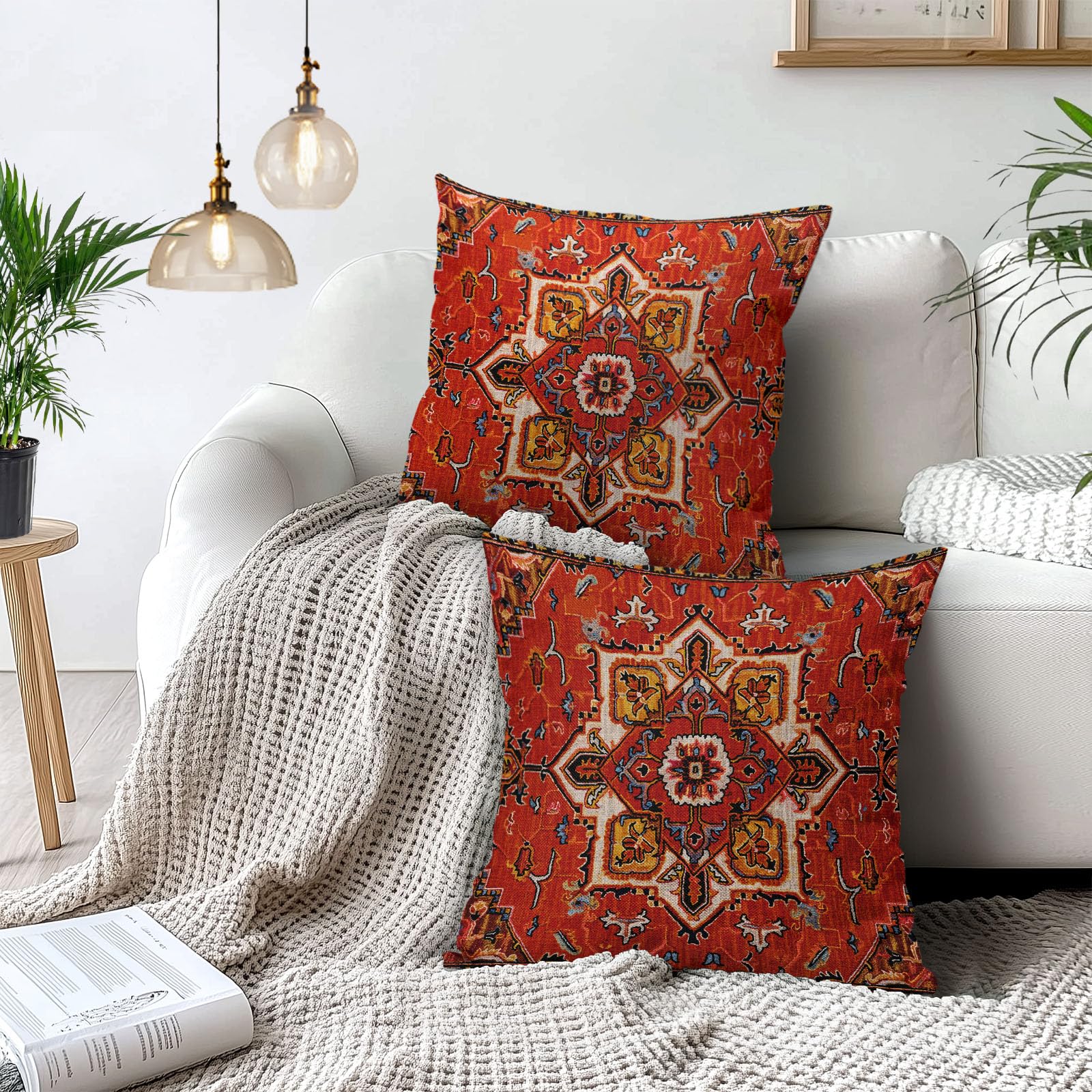 Set di 2 federe per cuscini in stile bohémien, 40,6 x 40,6 cm, colore: marrone sabbia, terracotta, motivo floreale, per cuscini da esterno e divano, stile arazzo rustico e retrò