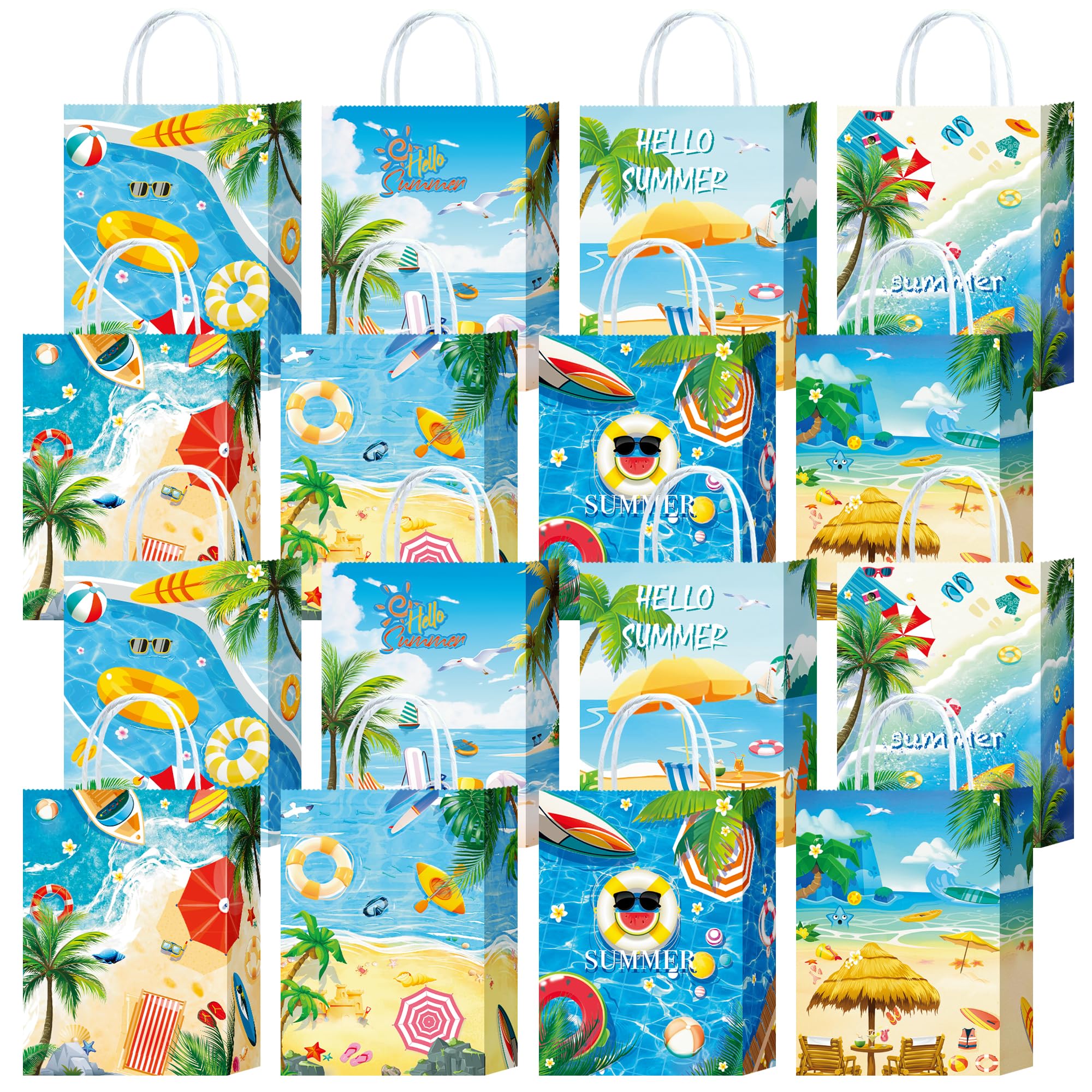 W WINTMING 16PCS Summer Gift Bags Beach Party Paper Bags with Handles Pool Party Favors Bags Goodie Candy Bags Treat Bags for Birthday Tropical Hawaiian Party Supplies